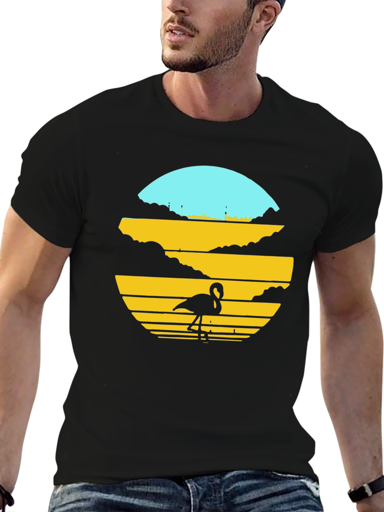 Sunset Flamingo Graphic Tee - Black Cotton Blend