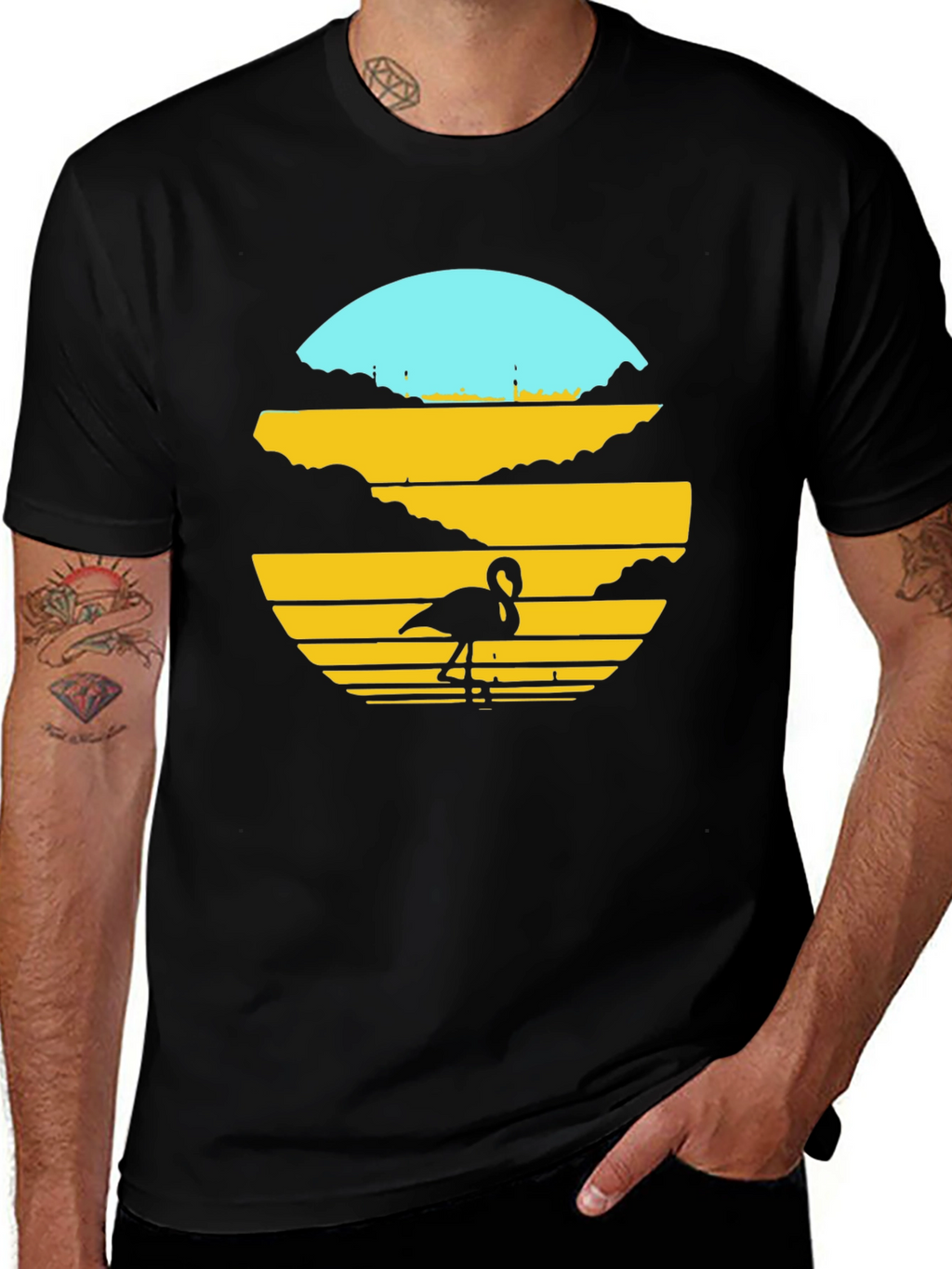 Sunset Flamingo Graphic Tee - Black Cotton Blend