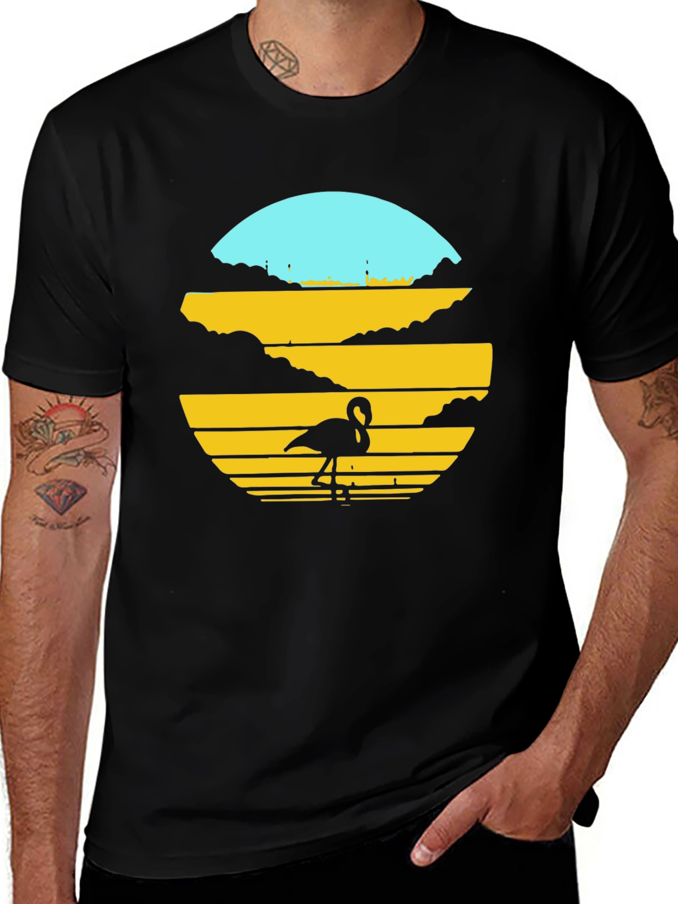 Sunset Flamingo Graphic Tee - Black Cotton Blend