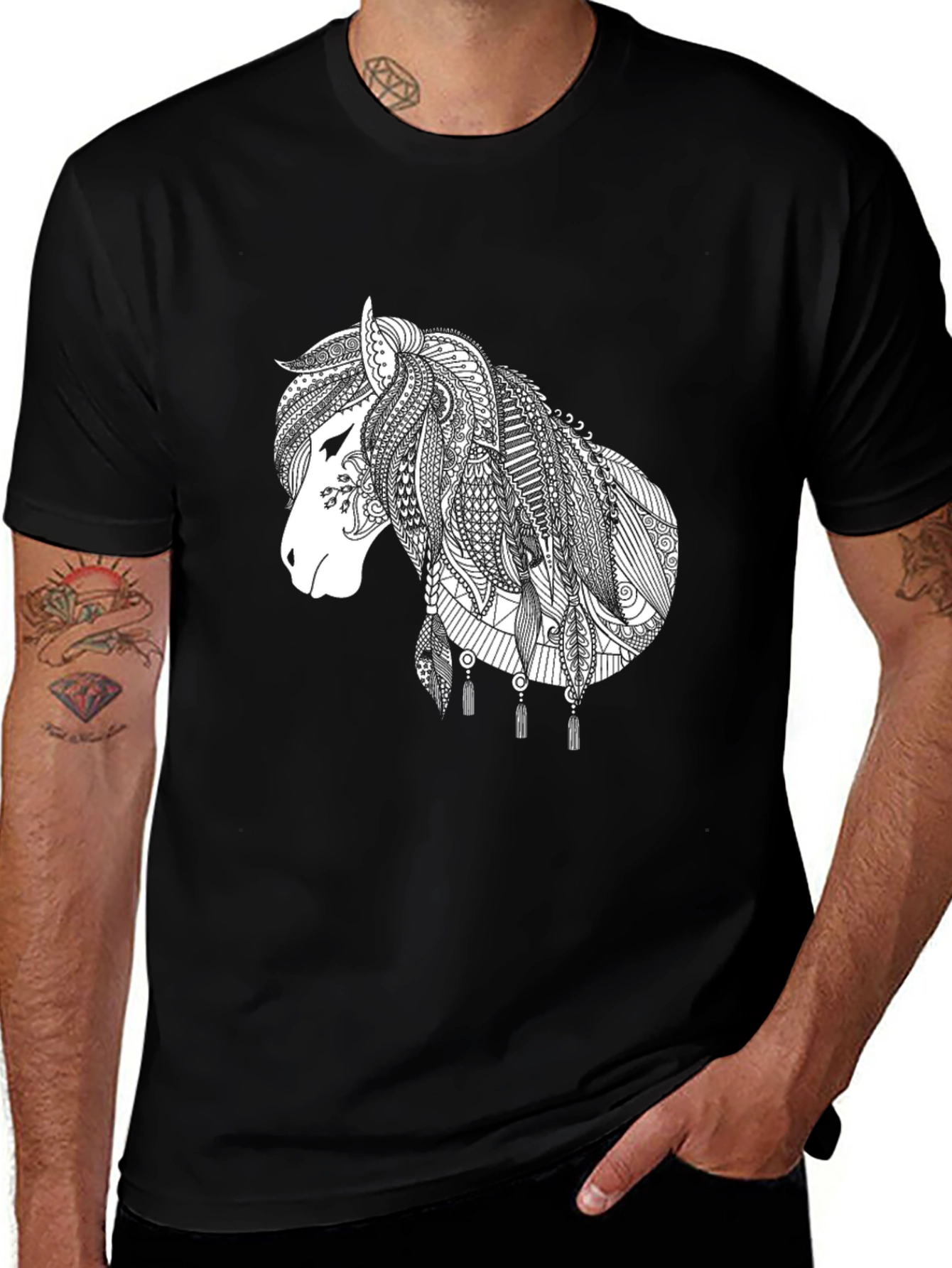 Black T-Shirt with White Horse Design