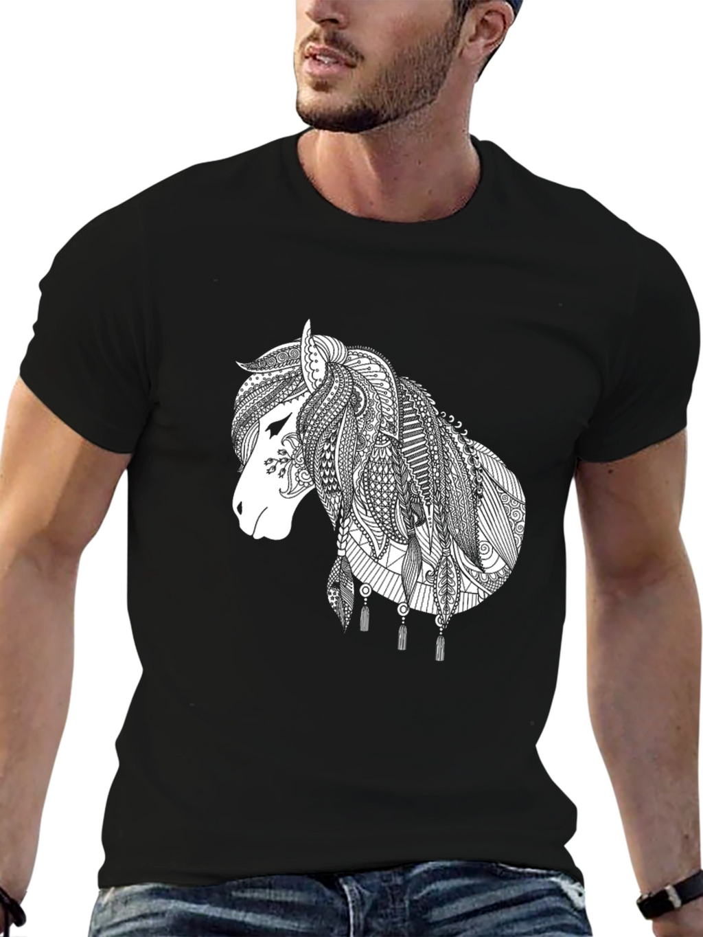 Black T-Shirt with White Horse Design
