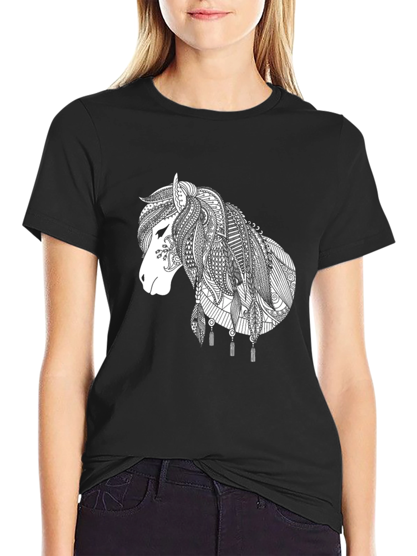 Black T-Shirt with White Horse Design