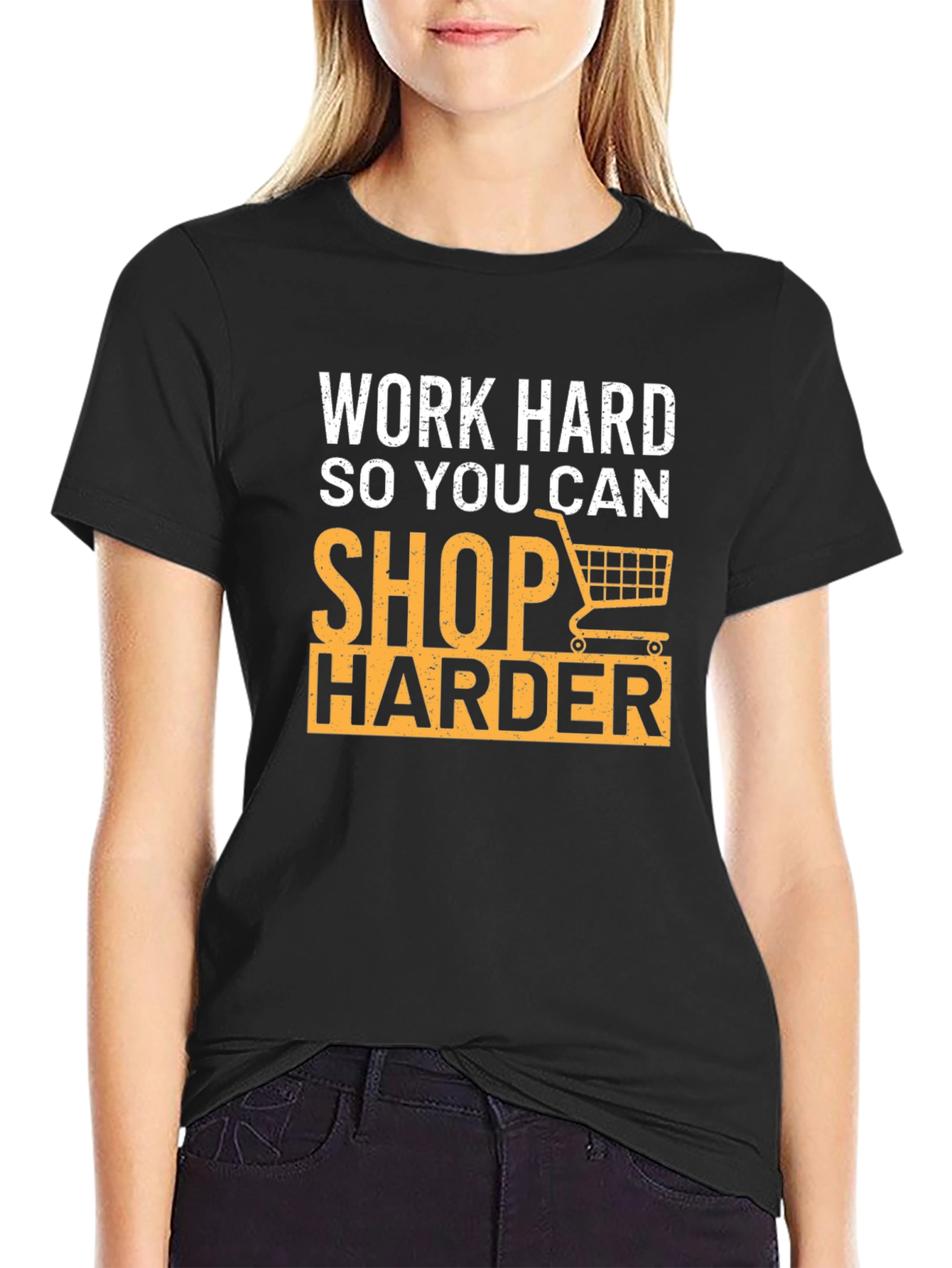 Work Hard Shop Harder Graphic Tee - Black Cotton T-Shirt