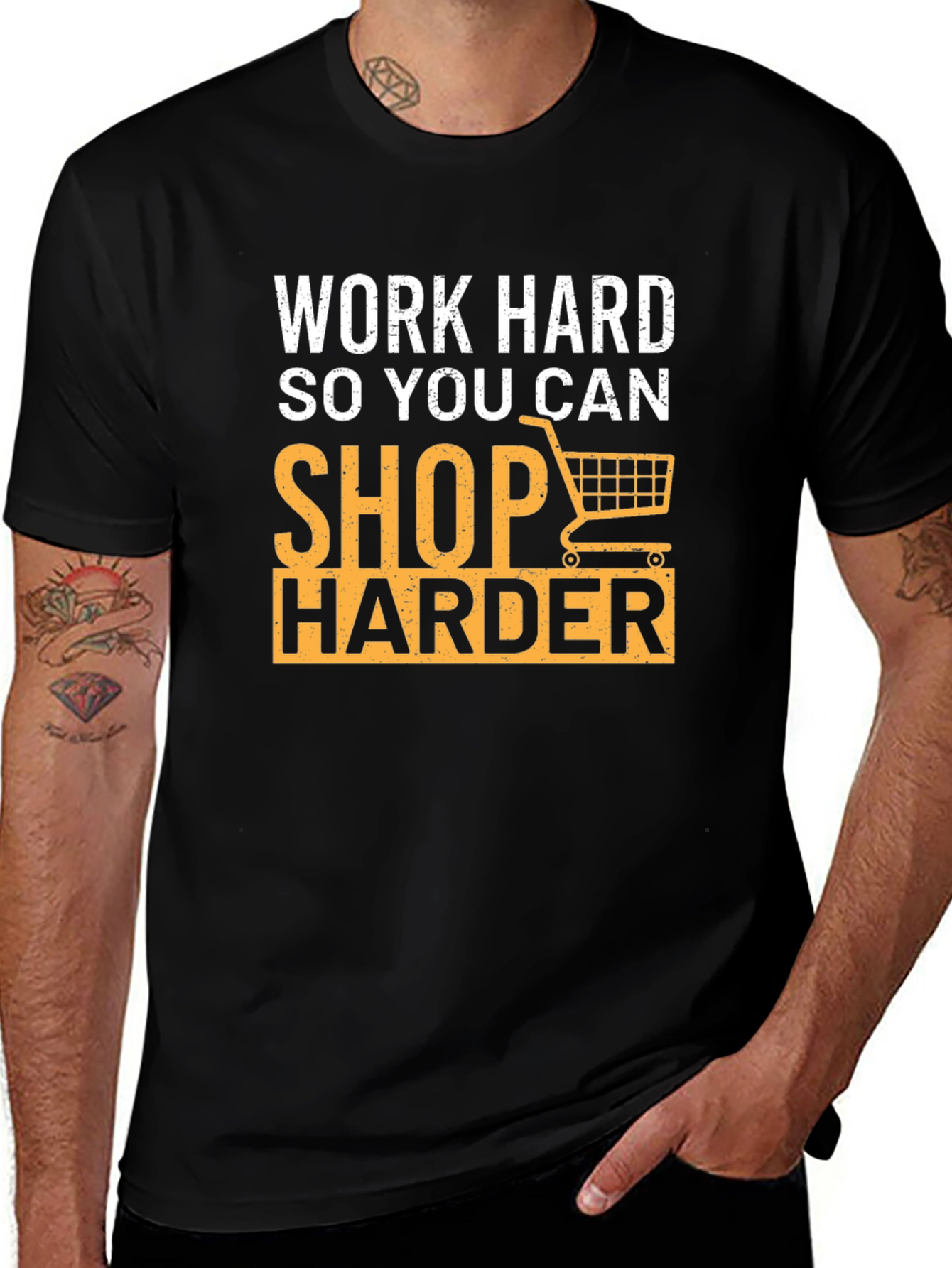 Work Hard Shop Harder Graphic Tee - Black Cotton T-Shirt