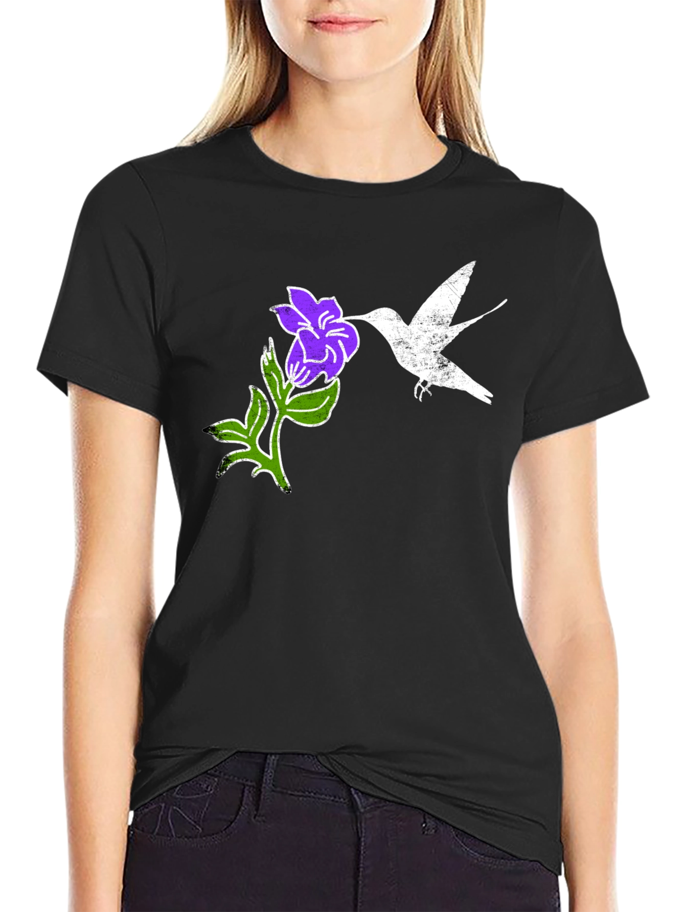 Hummingbird & Flower Graphic Tee - Black
