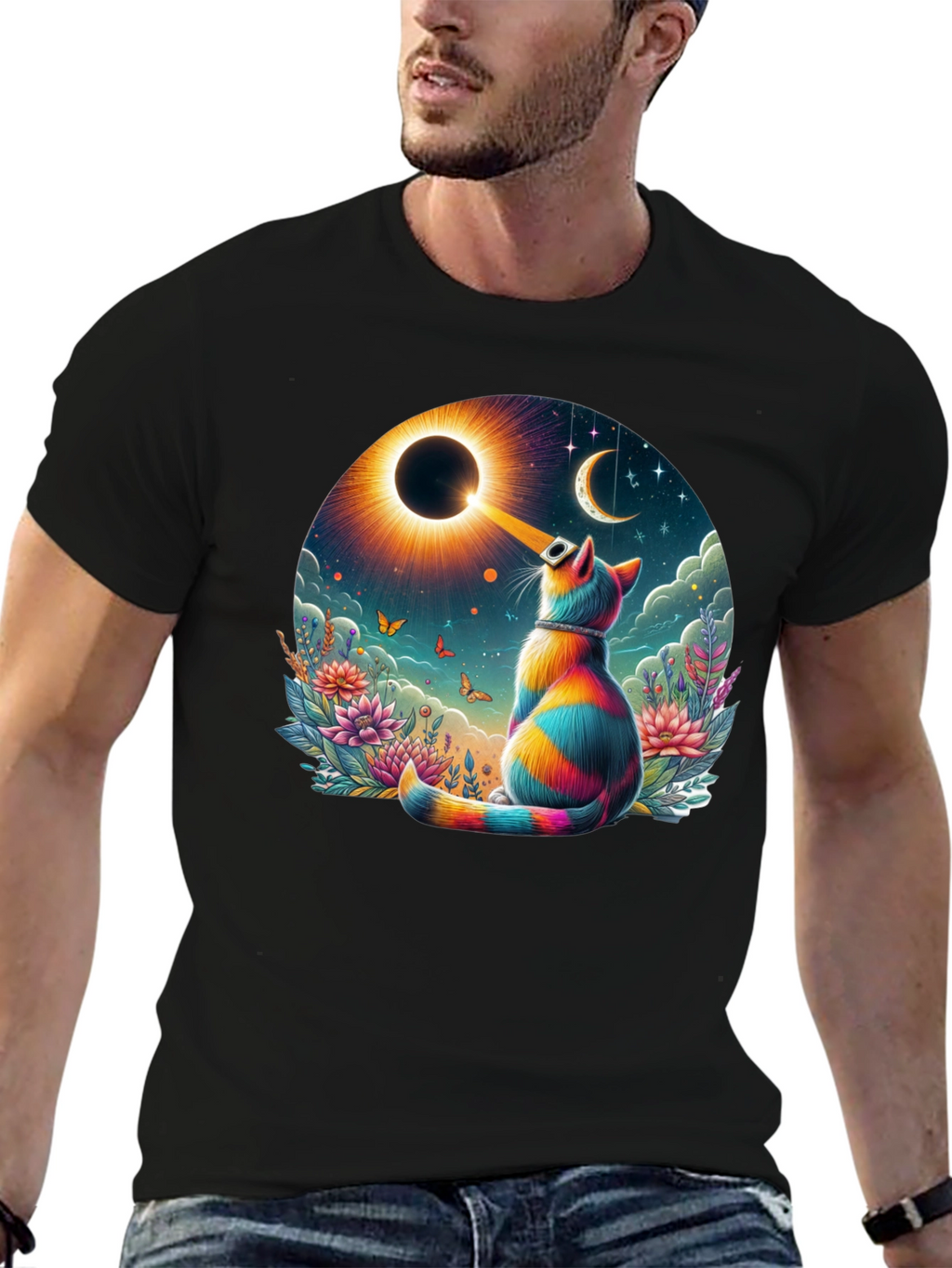 Eclipse Cat Graphic Tee - Unique Art Shirt