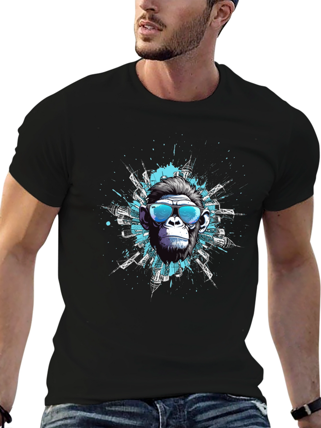Cool Ape Cityscape Graphic Tee - Black Cotton T-Shirt