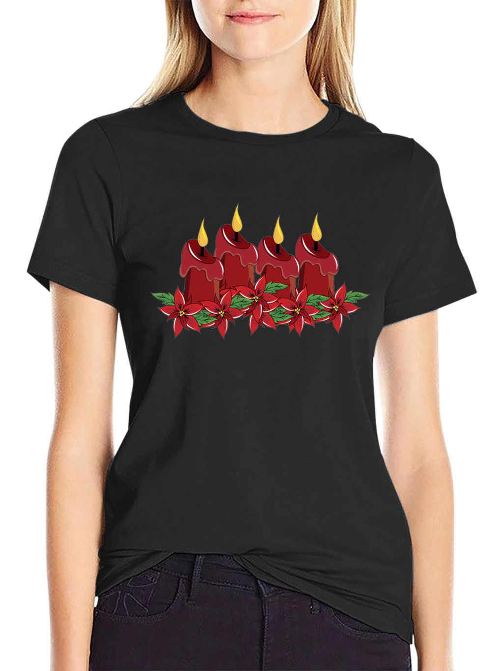 Festive Candle Poinsettia Graphic Tee