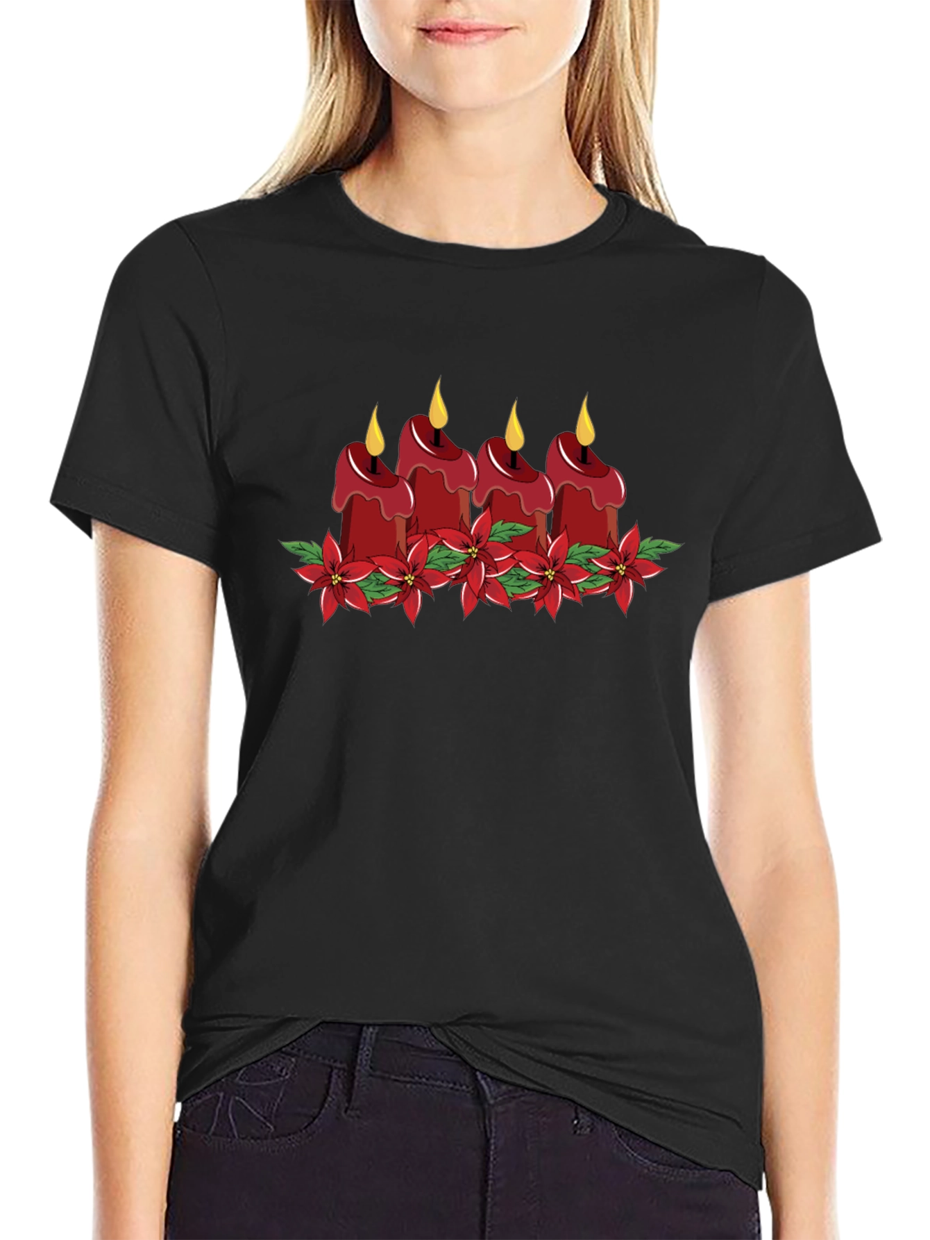 Festive Candle Poinsettia Graphic Tee