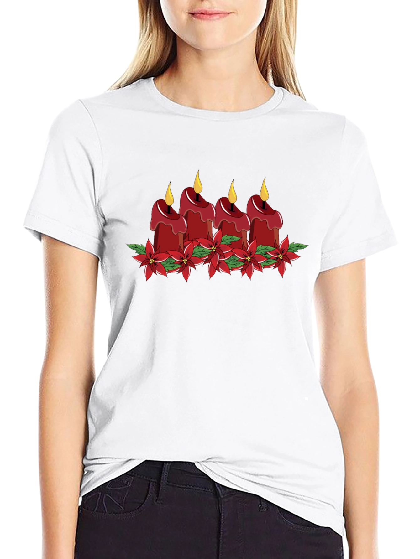 Festive Candle Poinsettia Graphic Tee