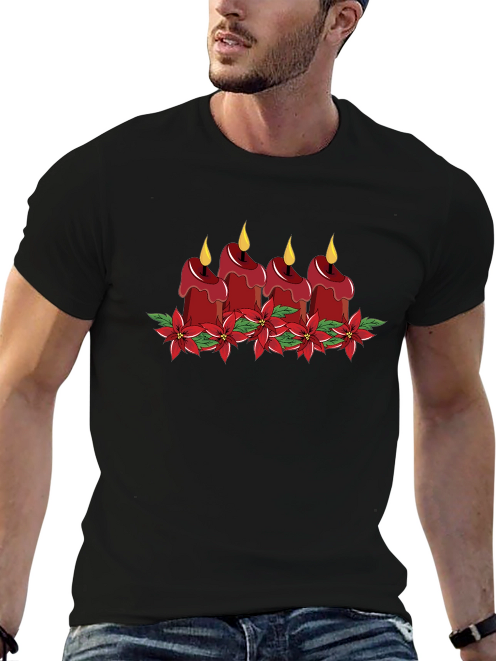 Festive Candle Poinsettia Graphic Tee