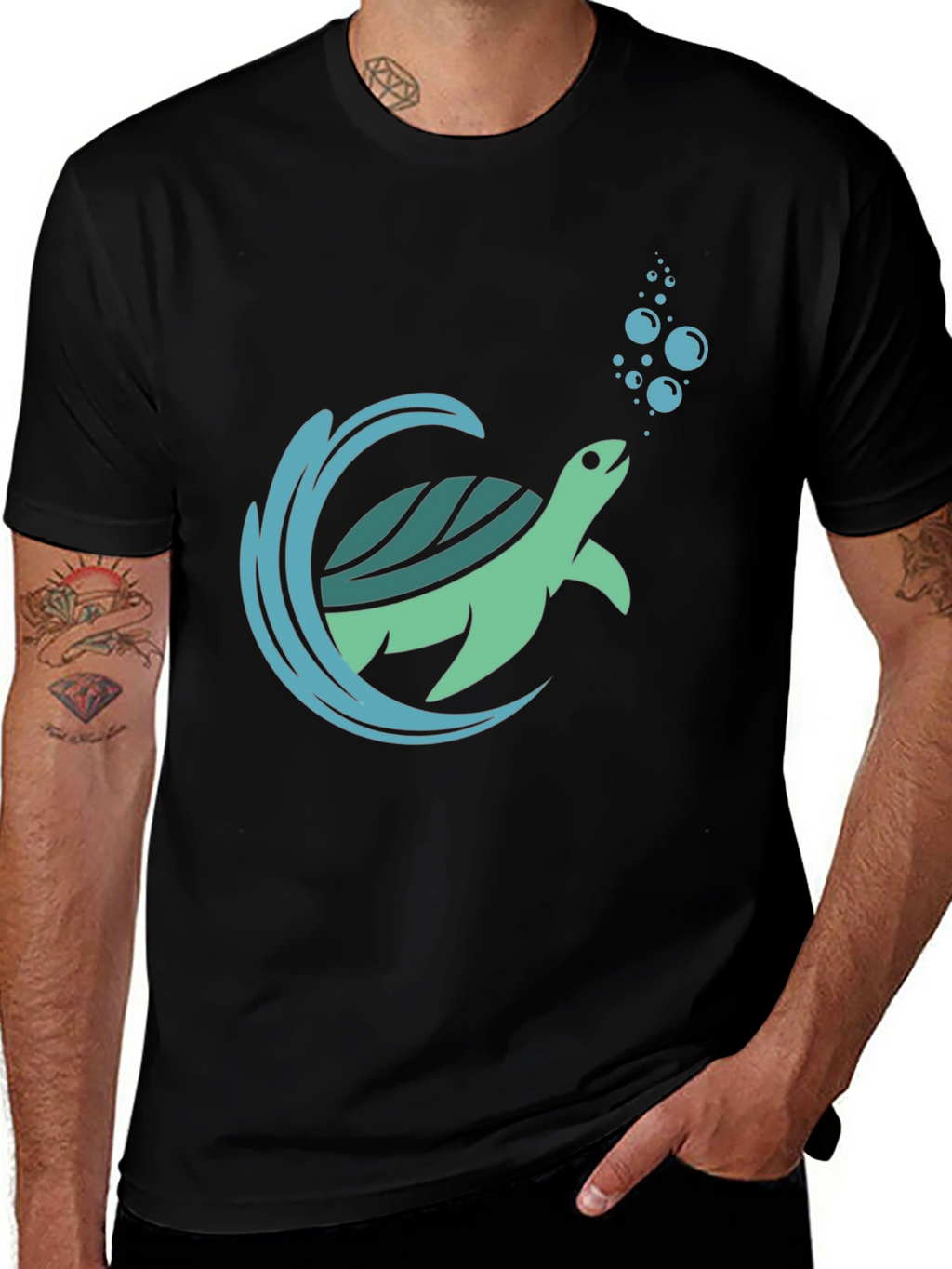 Sea Turtle Graphic Print Mens Black T-Shirt