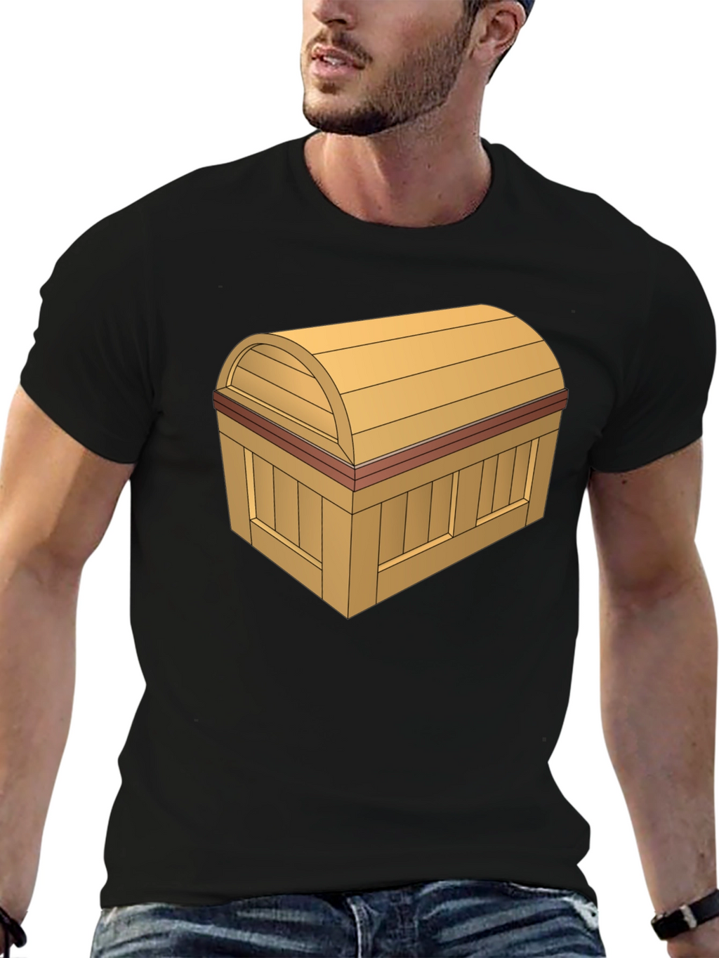 Cartoon Treasure Chest Graphic Tee - Black Cotton T-Shirt