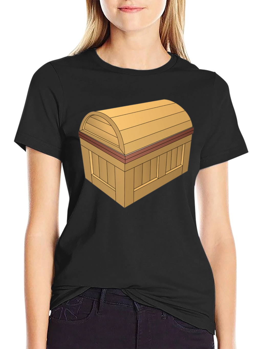 Cartoon Treasure Chest Graphic Tee - Black Cotton T-Shirt