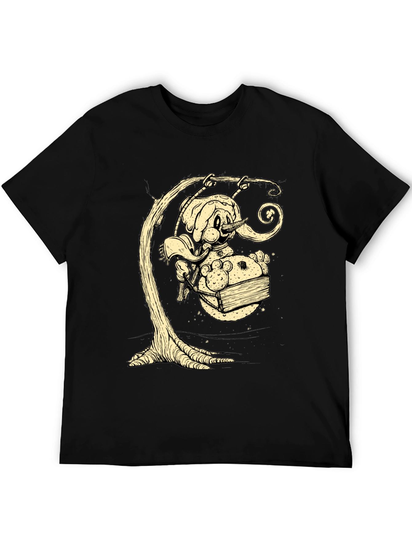 Whimsical Elephant on Swing Graphic Tee - Black Cotton Shirt