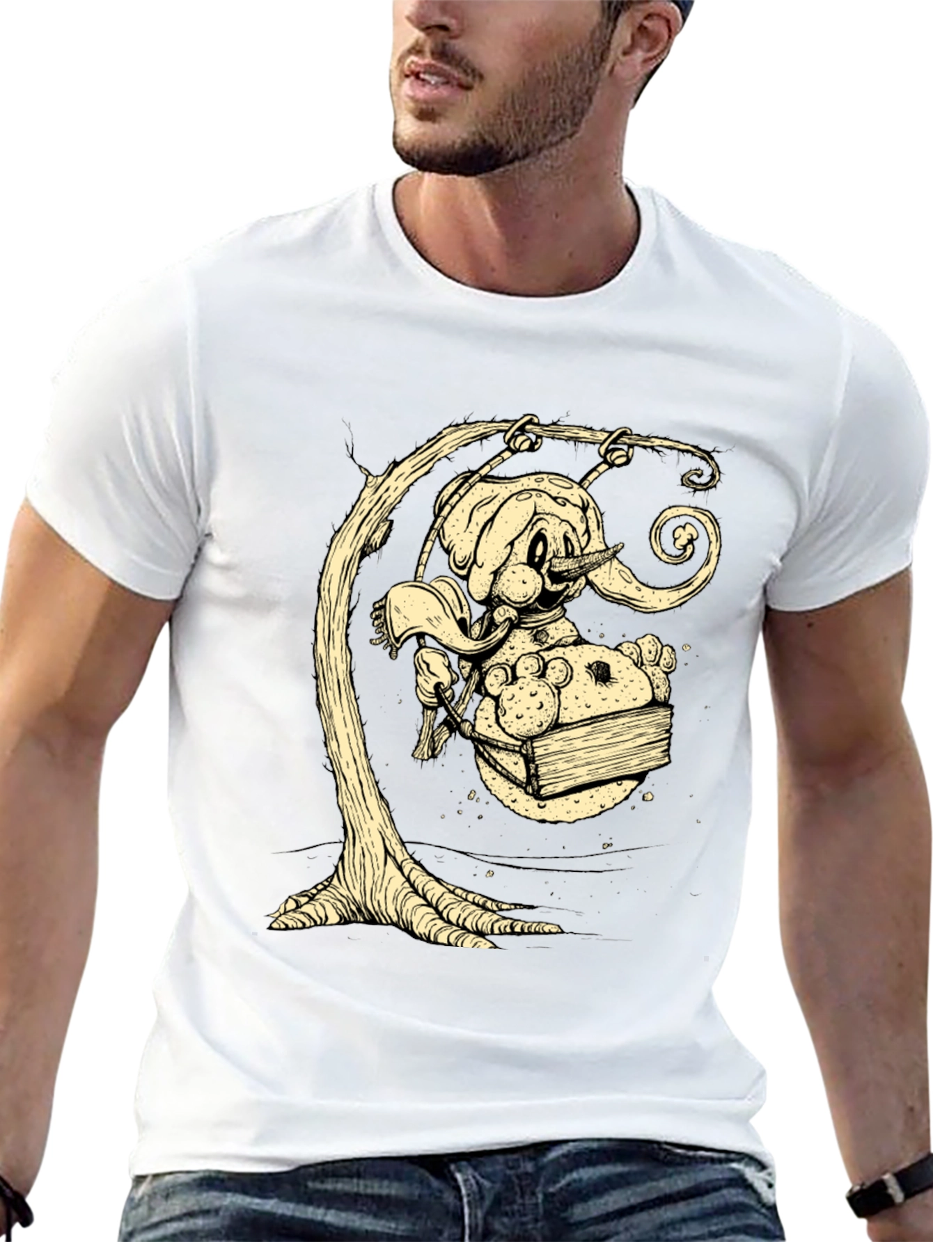 Whimsical Elephant on Swing Graphic Tee - Black Cotton Shirt