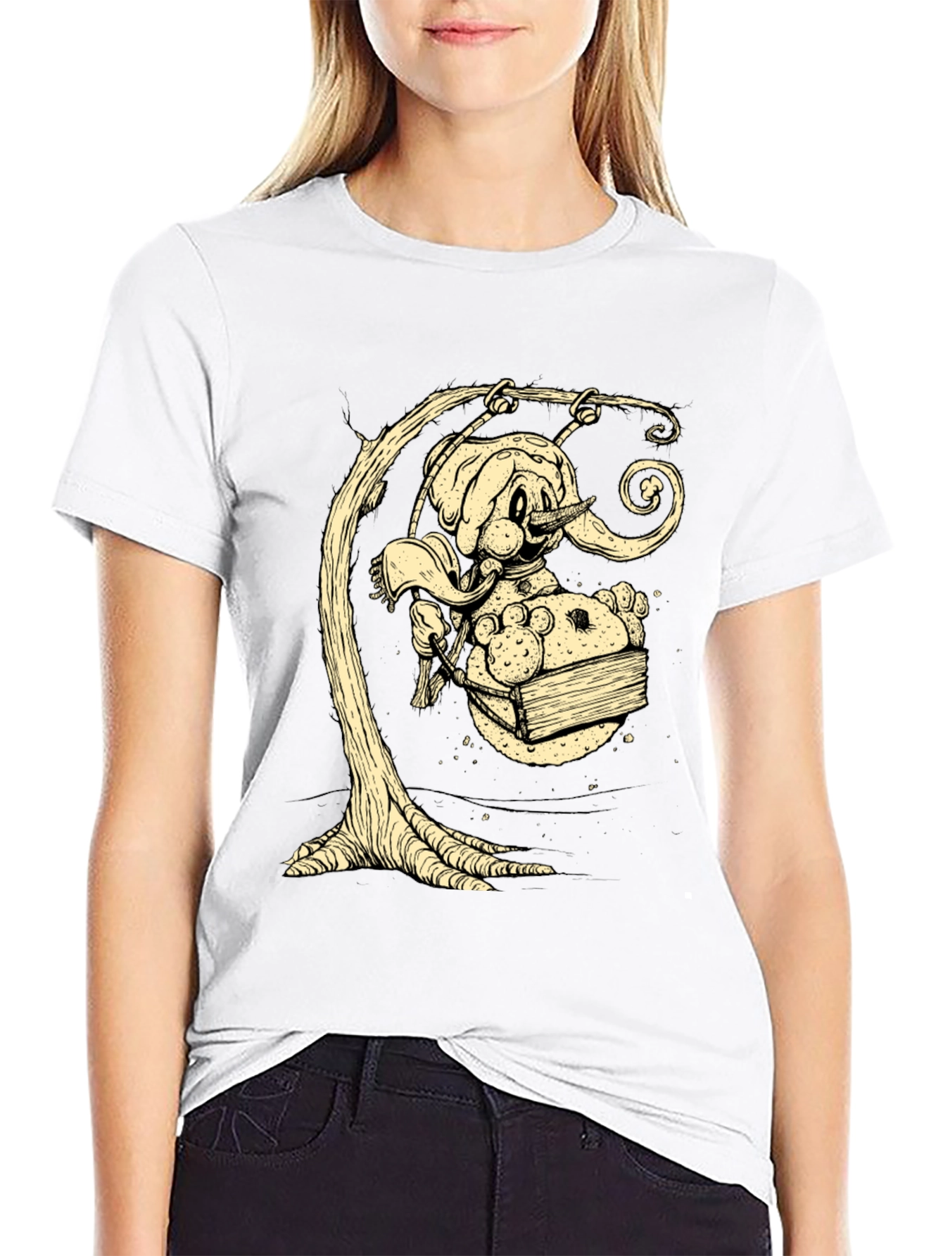 Whimsical Elephant on Swing Graphic Tee - Black Cotton Shirt