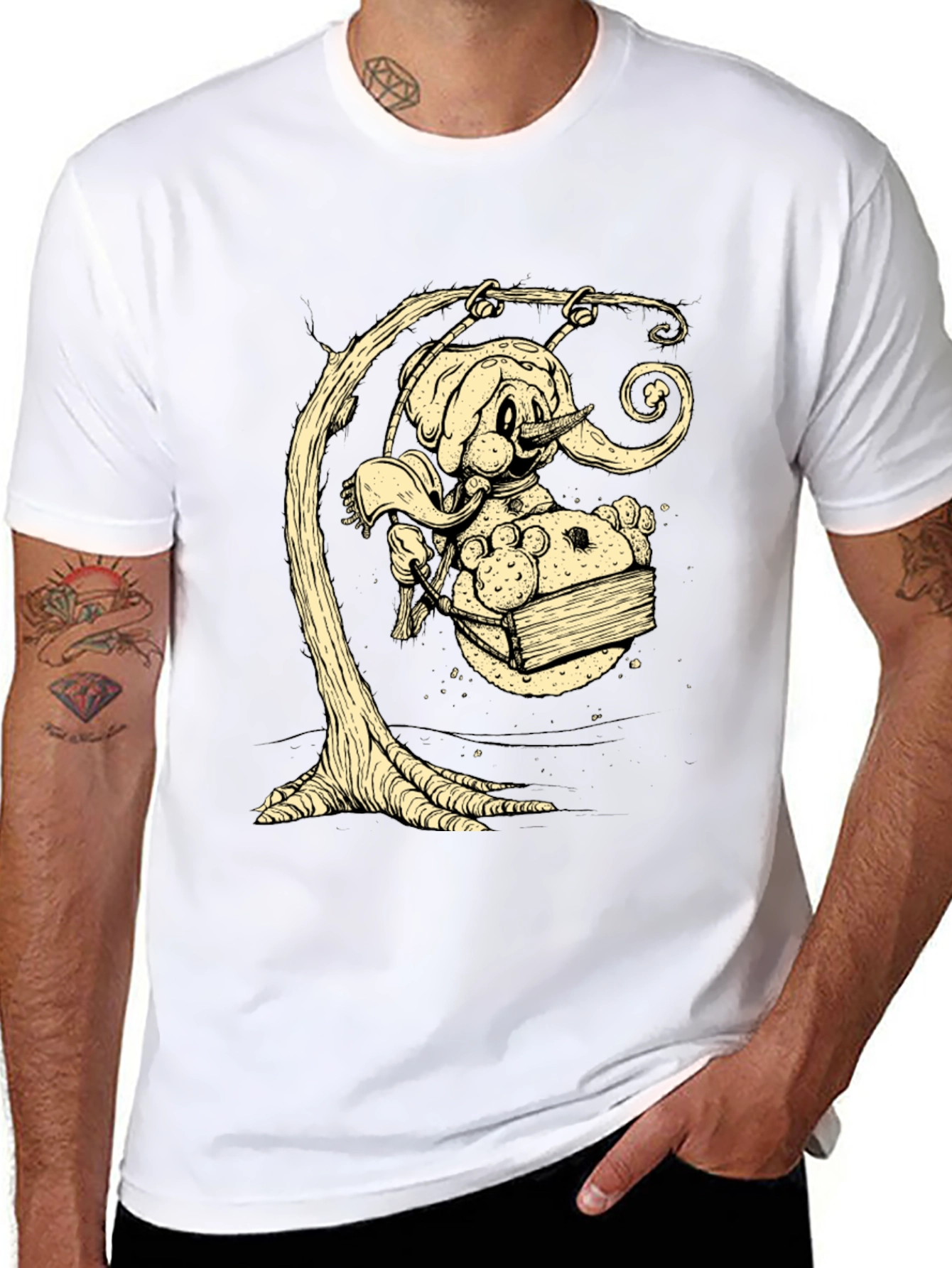 Whimsical Elephant on Swing Graphic Tee - Black Cotton Shirt