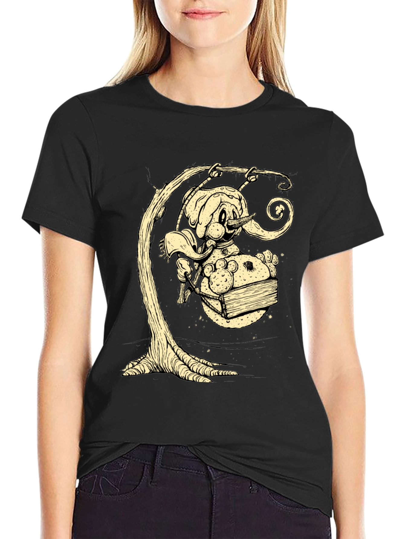 Whimsical Elephant on Swing Graphic Tee - Black Cotton Shirt