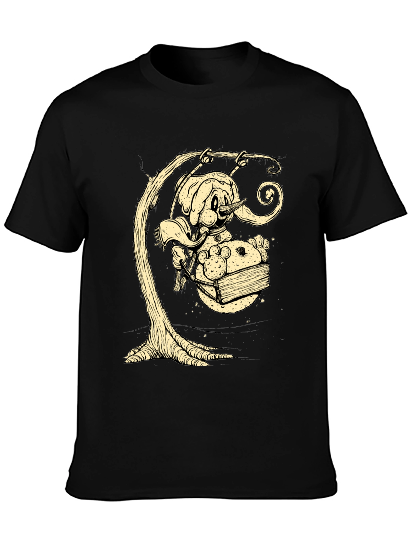 Whimsical Elephant on Swing Graphic Tee - Black Cotton Shirt