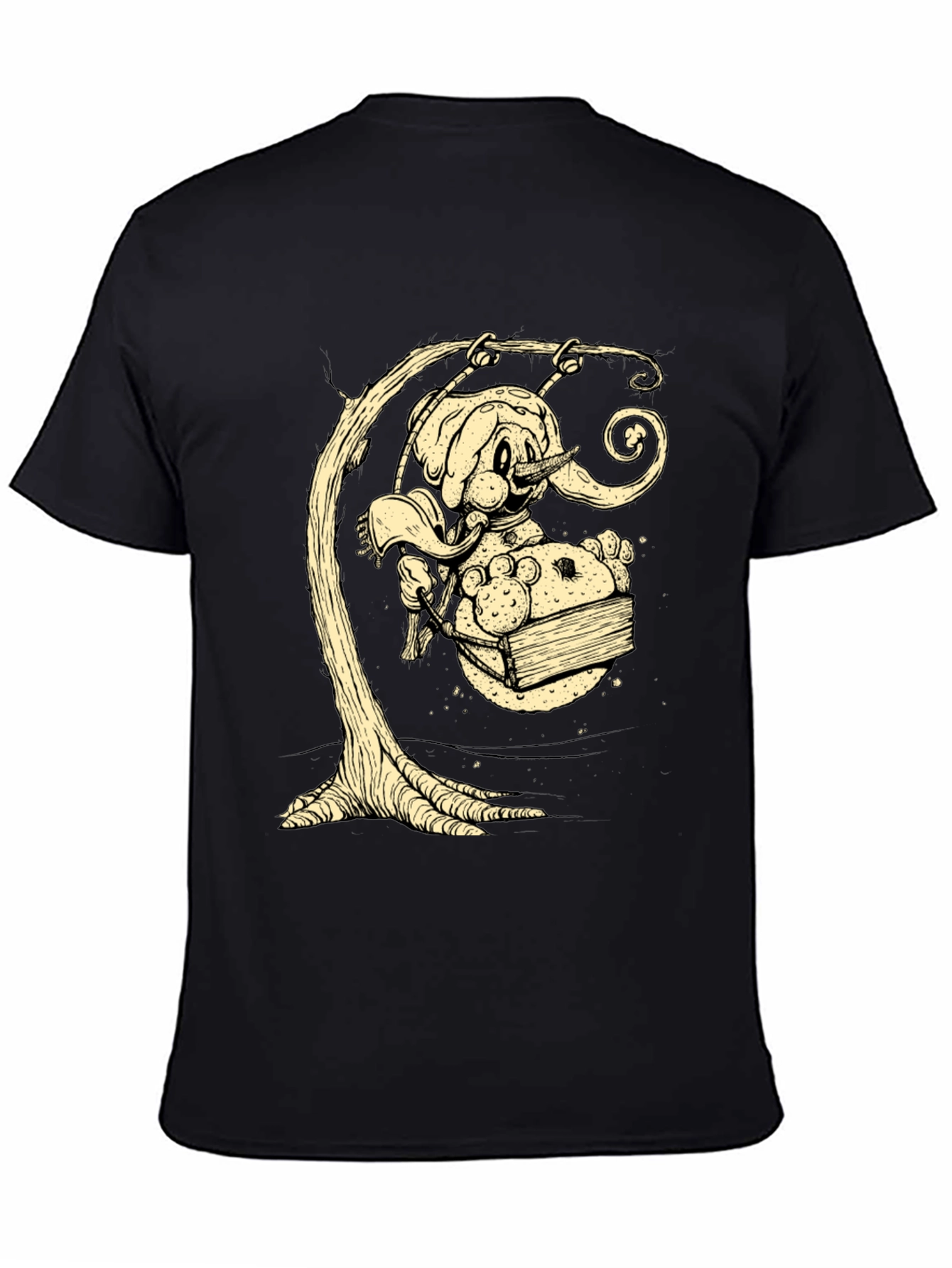 Whimsical Elephant on Swing Graphic Tee - Black Cotton Shirt
