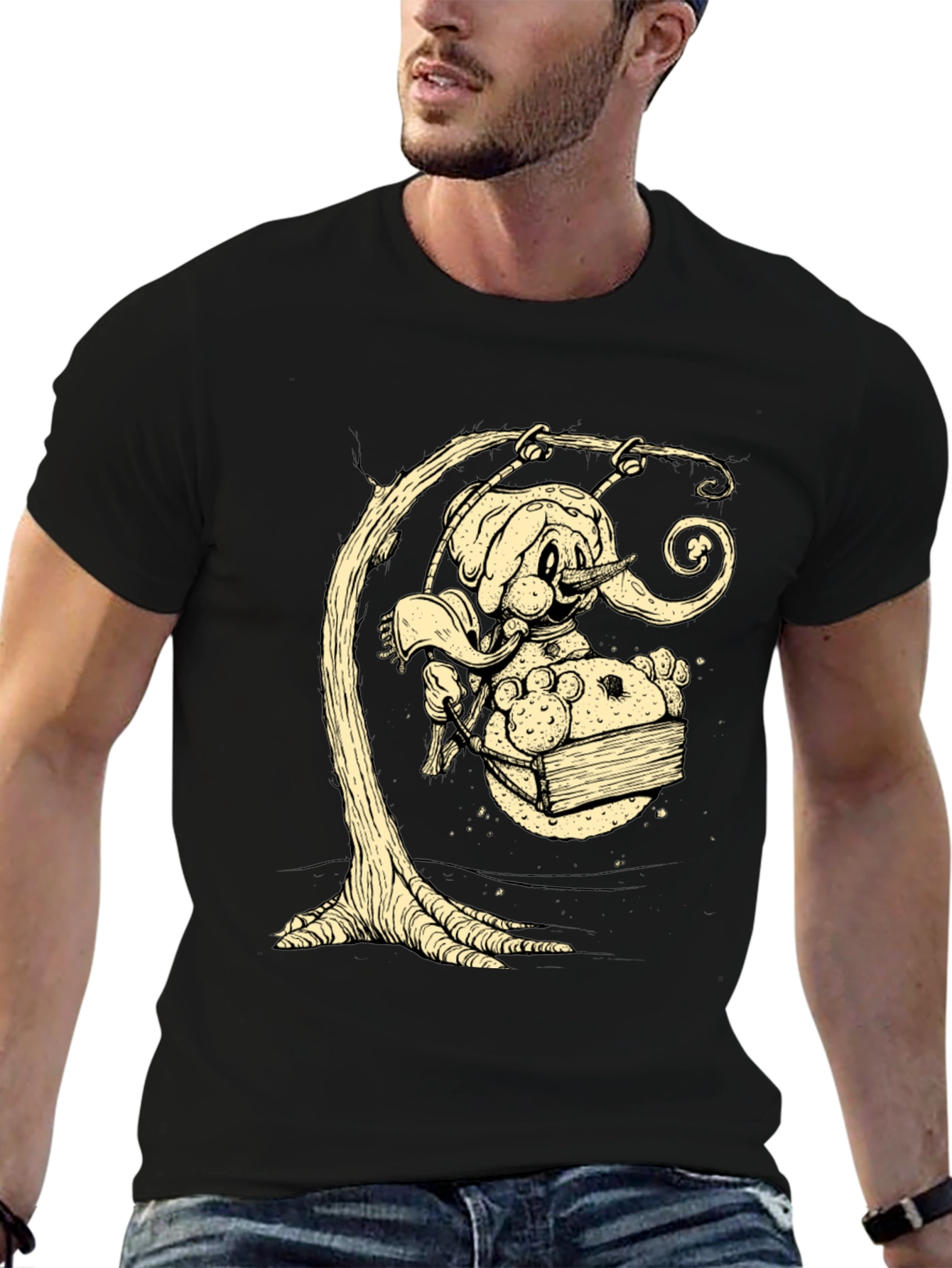 Whimsical Elephant on Swing Graphic Tee - Black Cotton Shirt