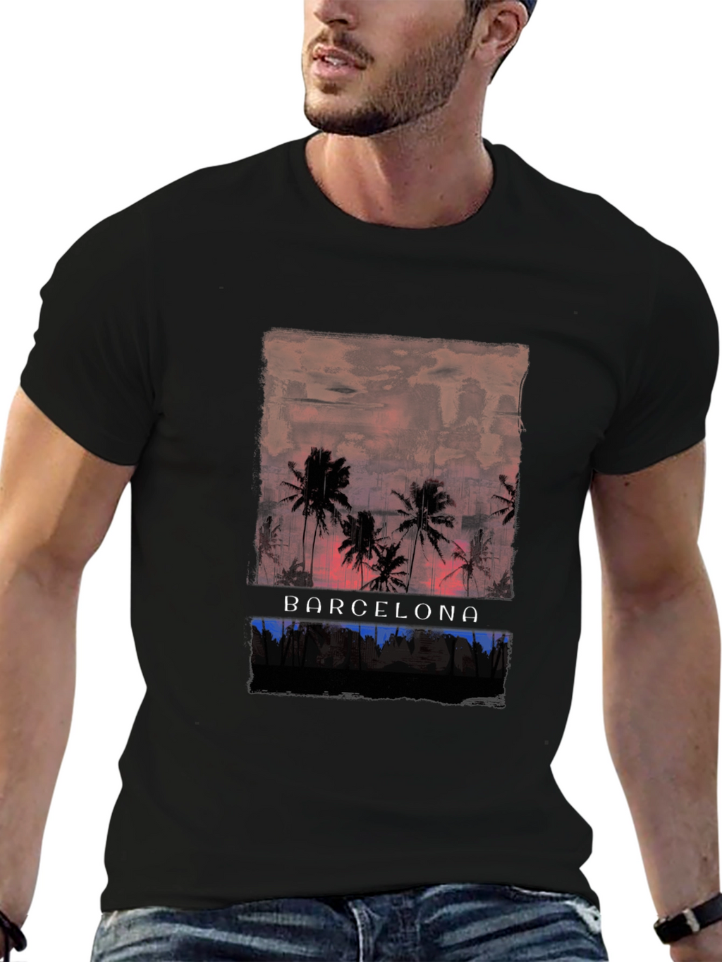 Barcelona Palm Tree Graphic Tee - Black Cotton T-Shirt