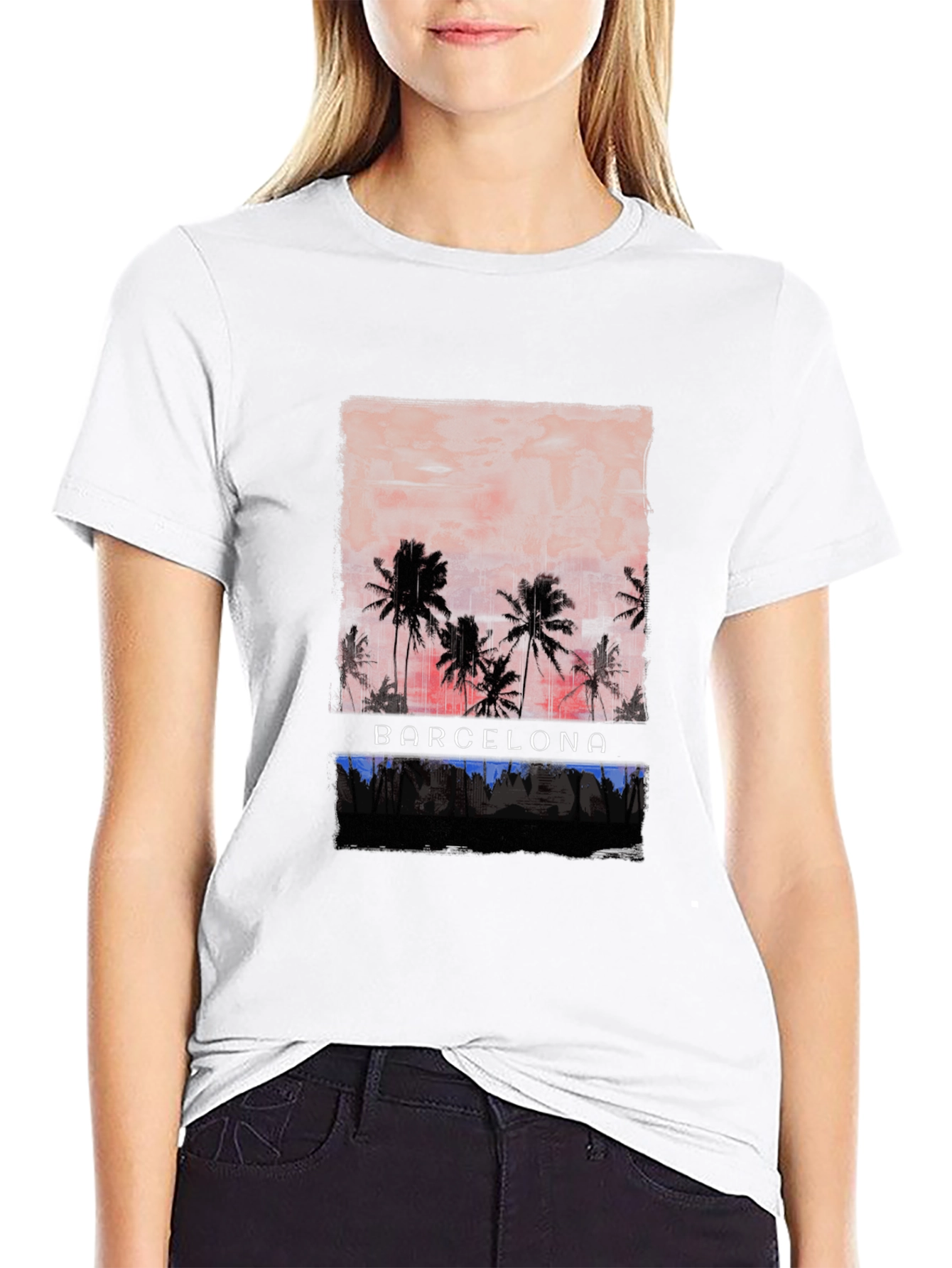 Barcelona Palm Tree Graphic Tee - Black Cotton T-Shirt