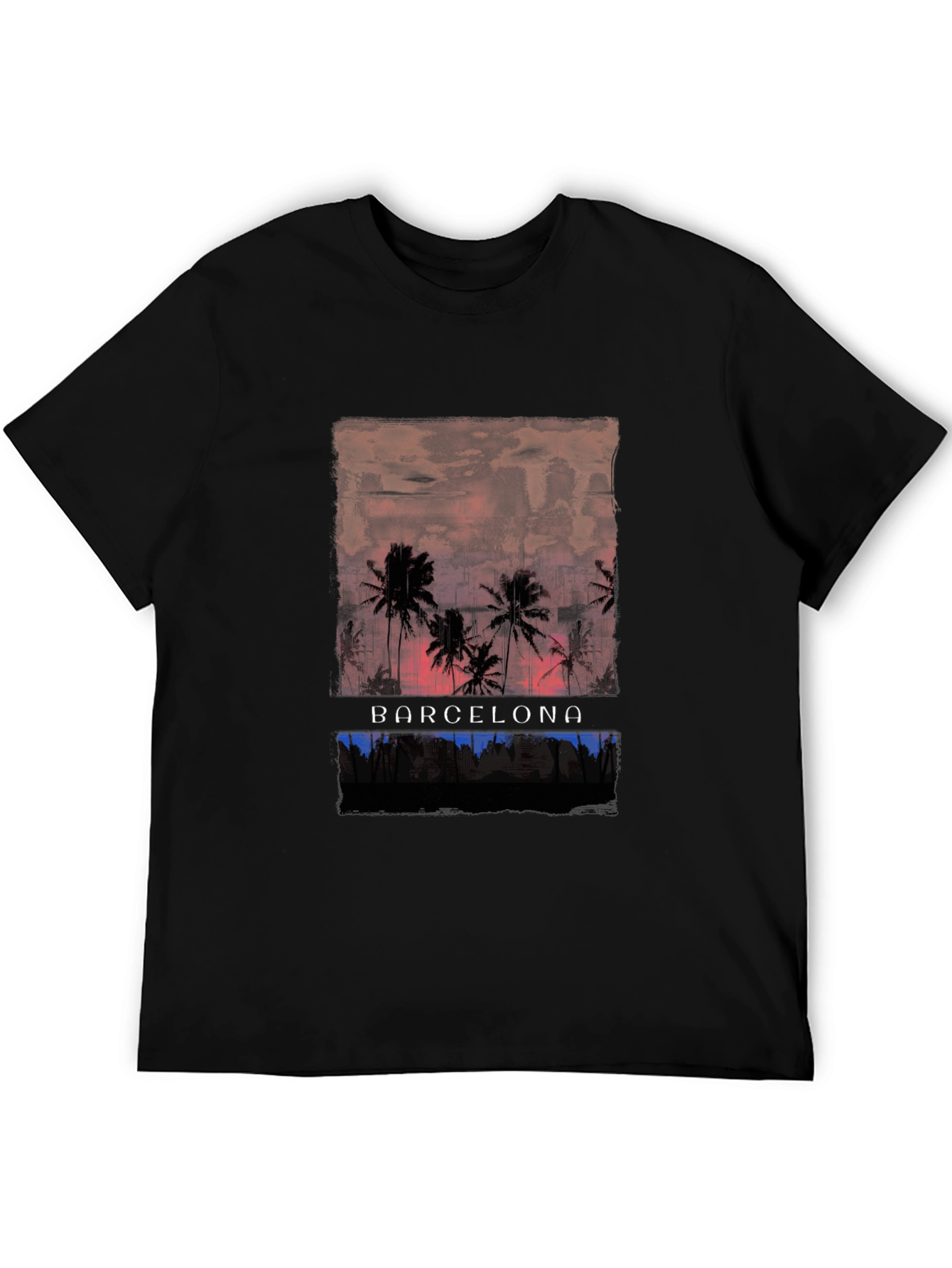 Barcelona Palm Tree Graphic Tee - Black Cotton T-Shirt