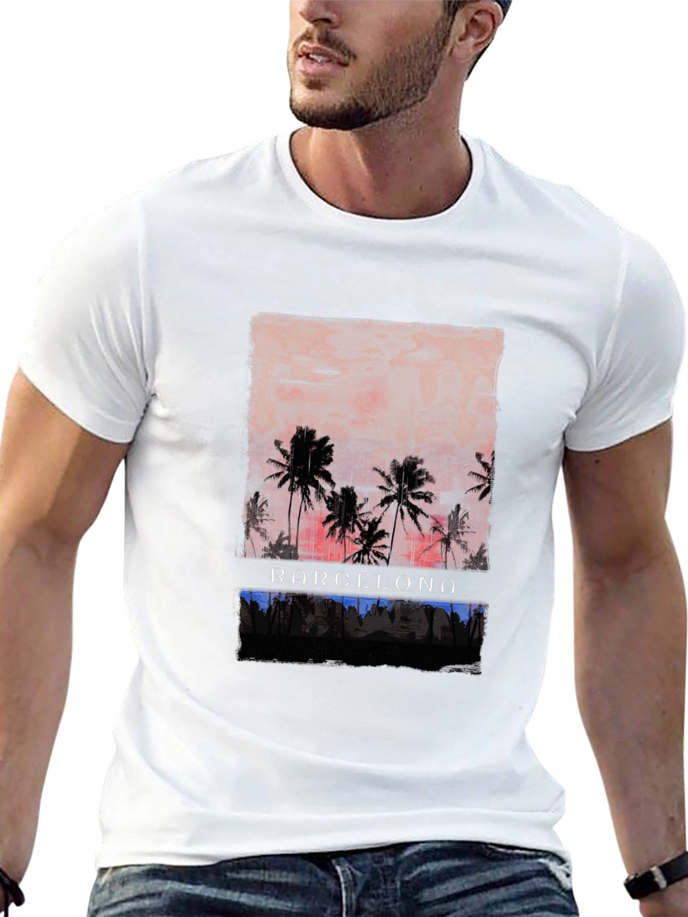 Barcelona Palm Tree Graphic Tee - Black Cotton T-Shirt