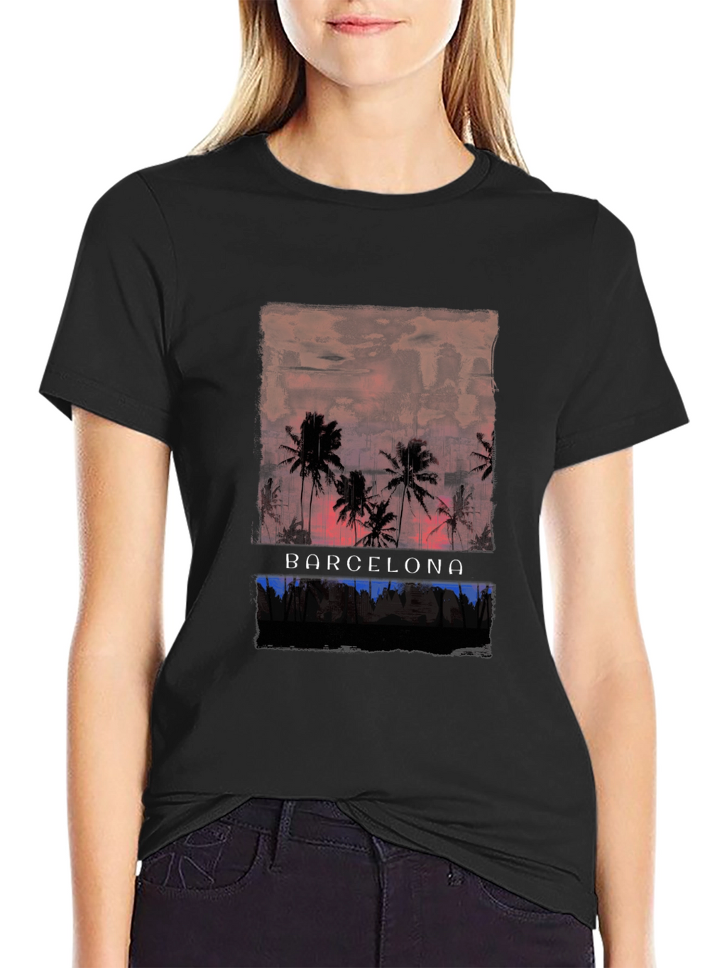 Barcelona Palm Tree Graphic Tee - Black Cotton T-Shirt