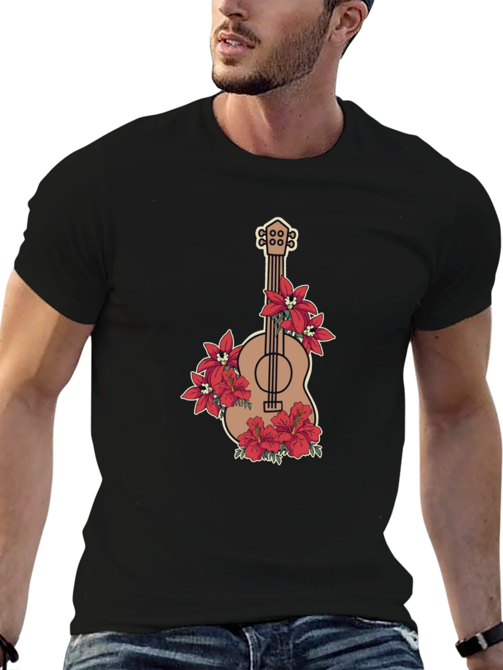 Floral Guitar Graphic Black T-Shirt