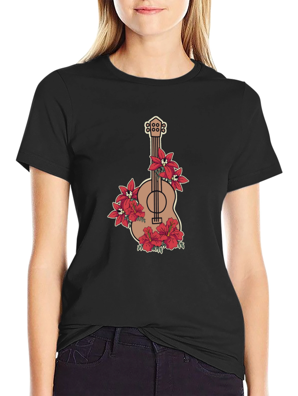 Floral Guitar Graphic Black T-Shirt