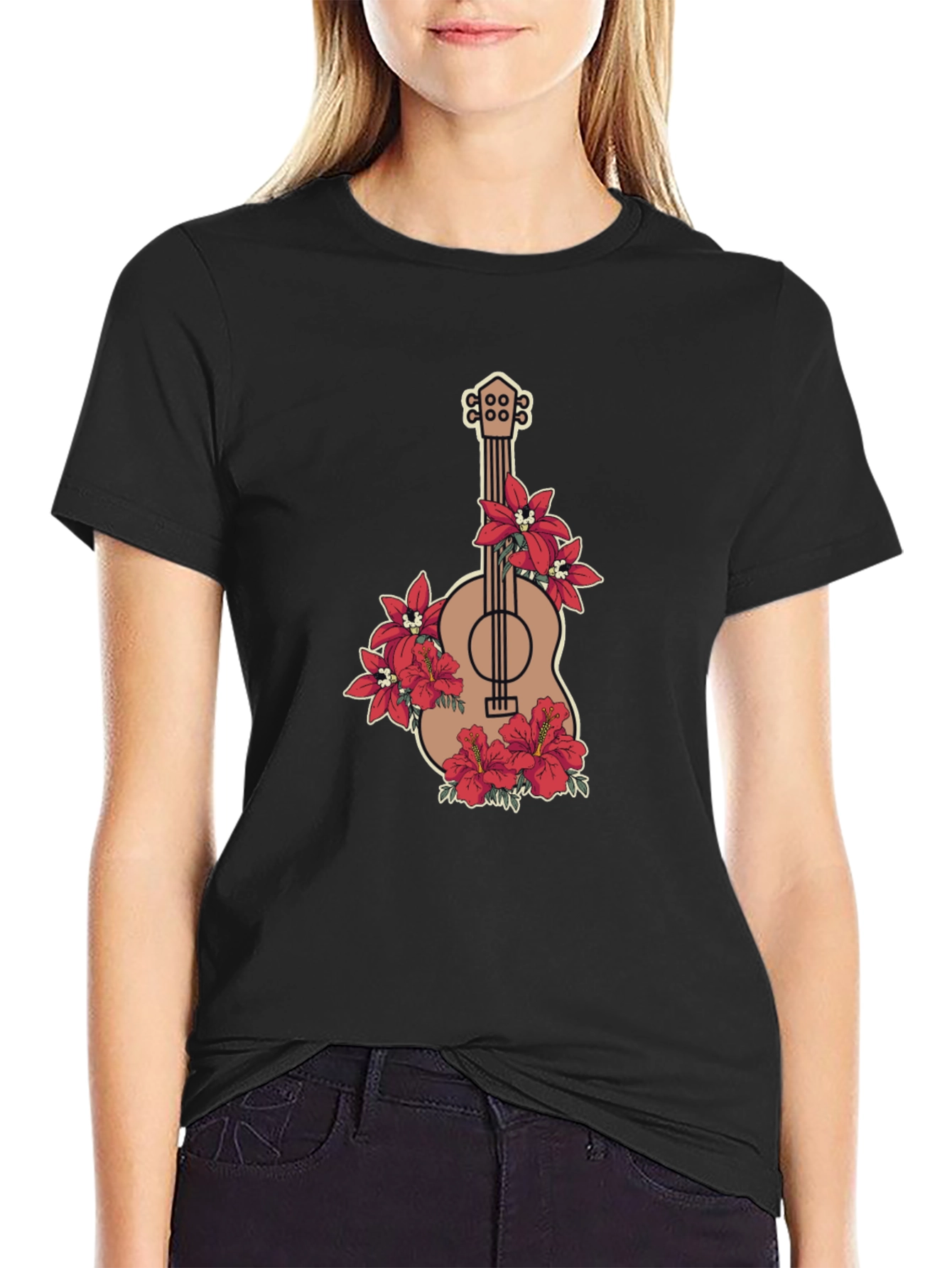 Floral Guitar Graphic Black T-Shirt
