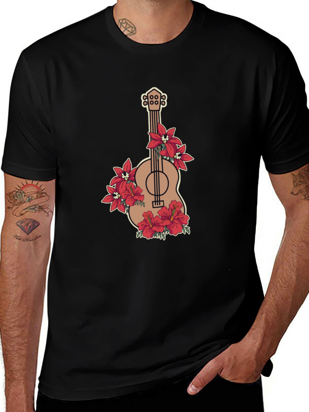 Floral Guitar Graphic Black T-Shirt
