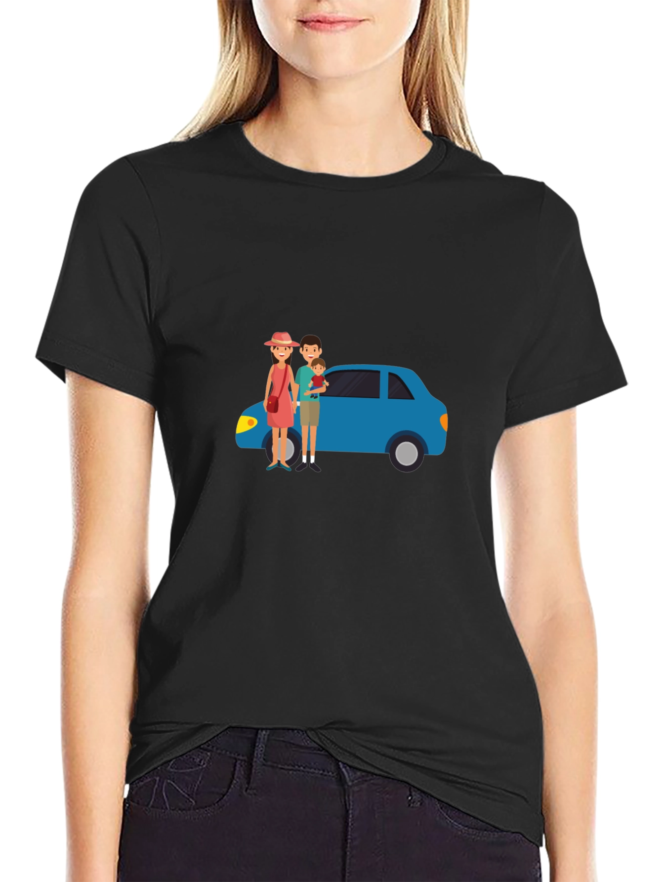 Family Car Graphic Tee - Black Cotton T-Shirt