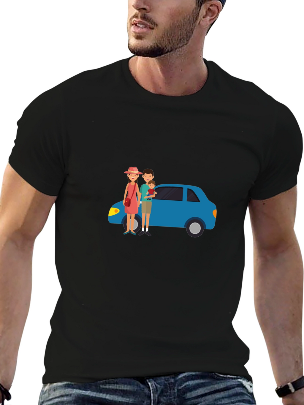 Family Car Graphic Tee - Black Cotton T-Shirt