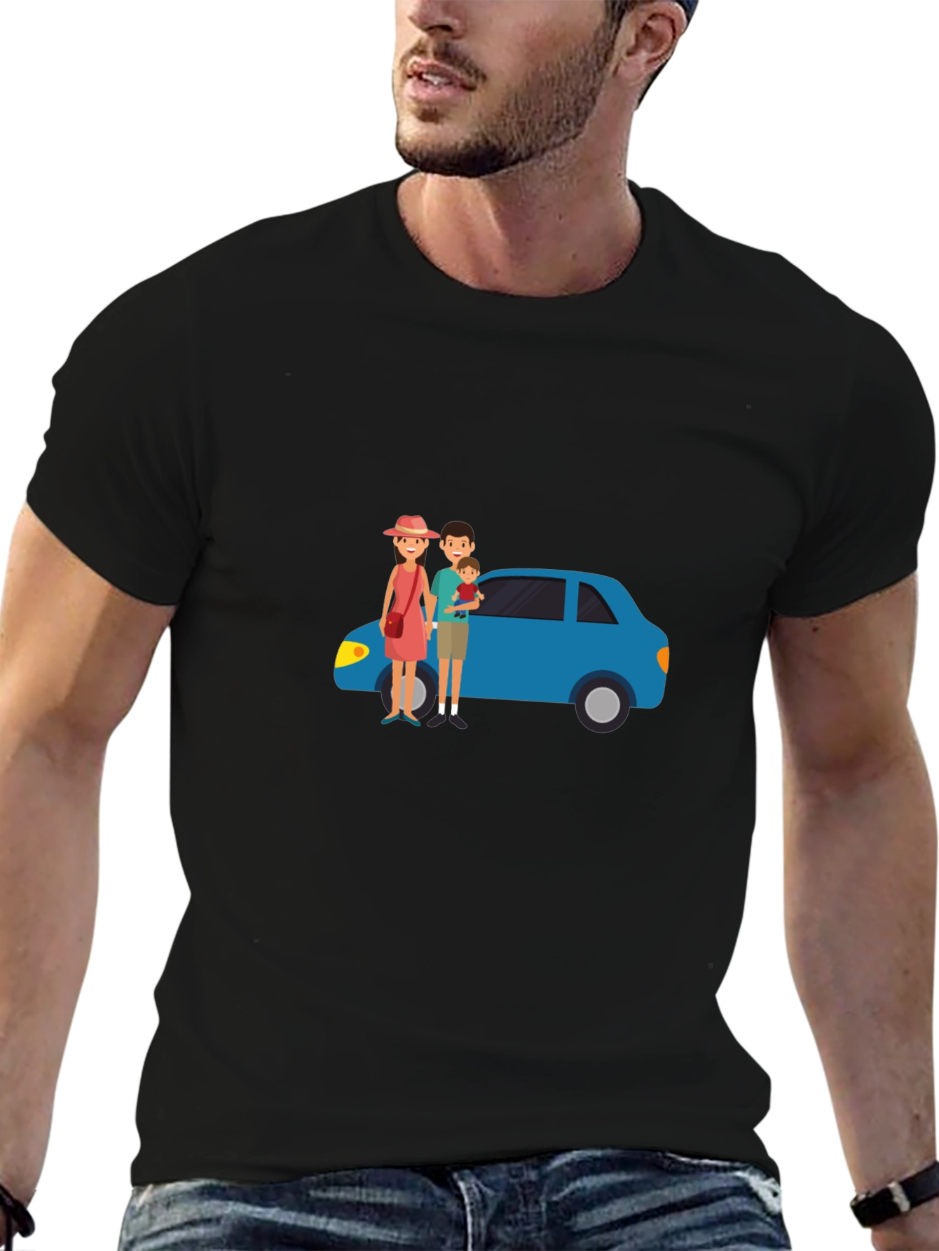 Family Car Graphic Tee - Black Cotton T-Shirt