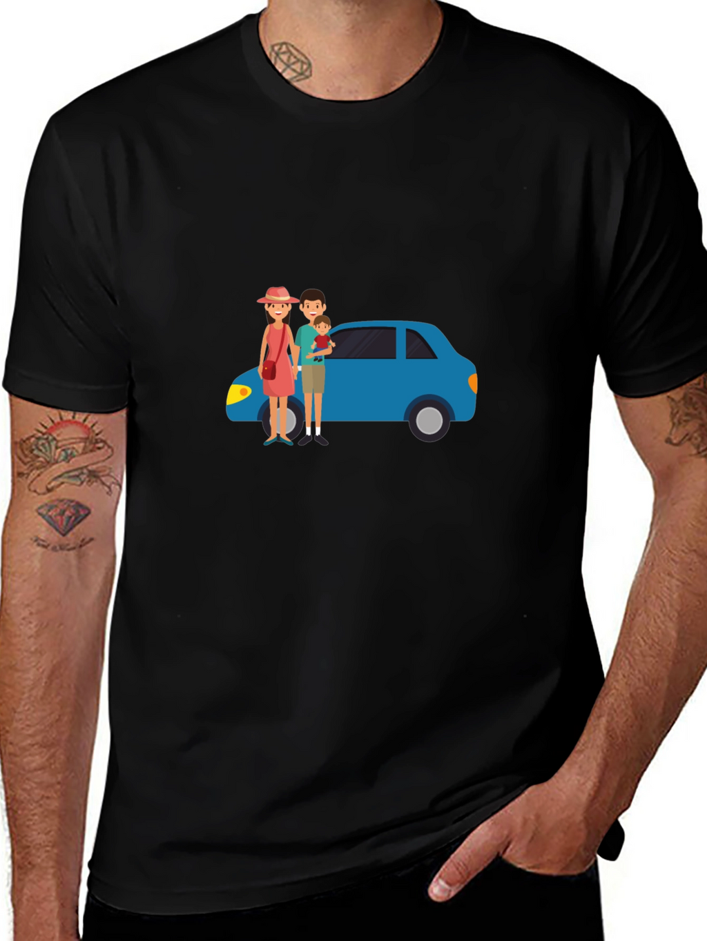 Family Car Graphic Tee - Black Cotton T-Shirt