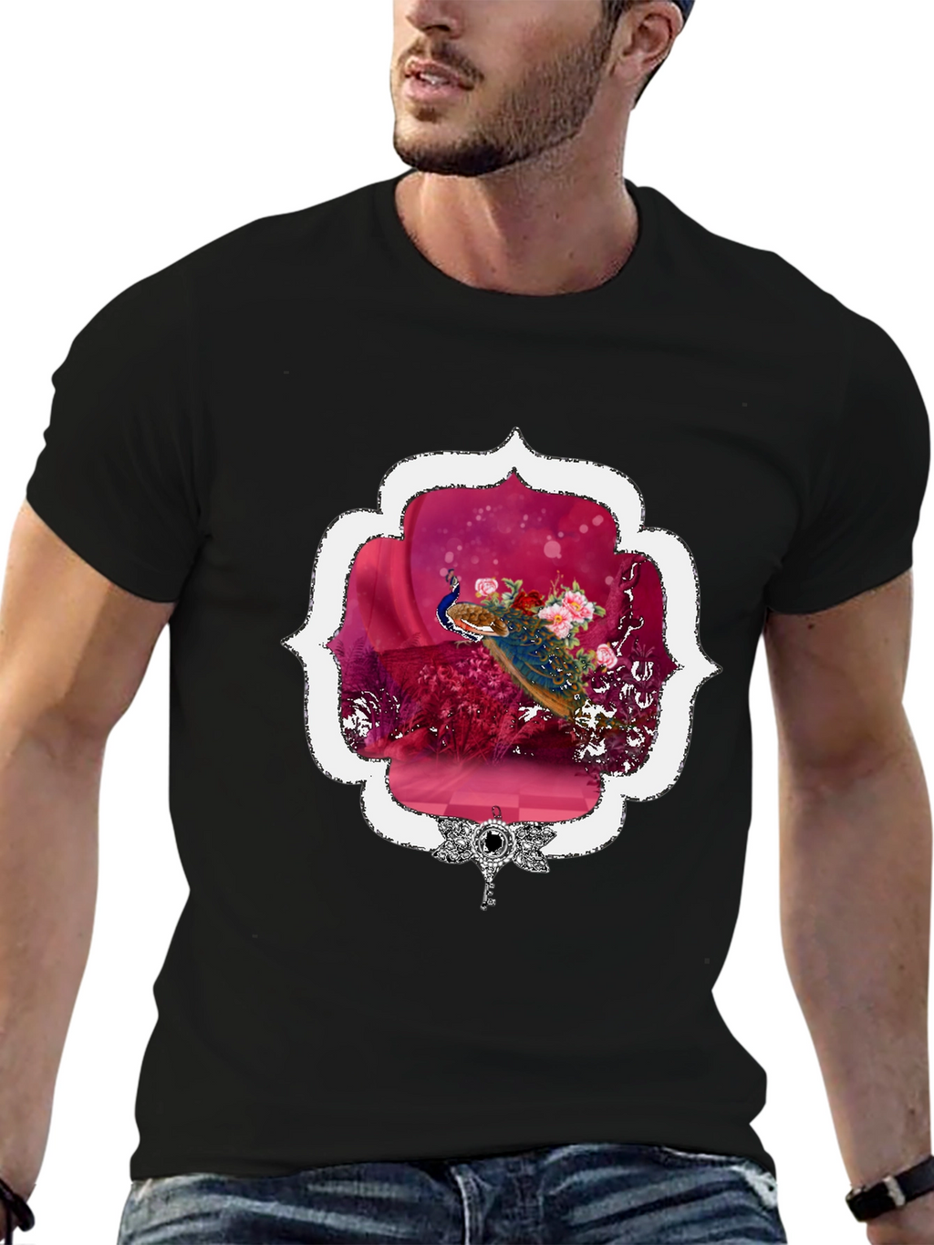 Floral Peacock Graphic Tee - Stylish & Unique