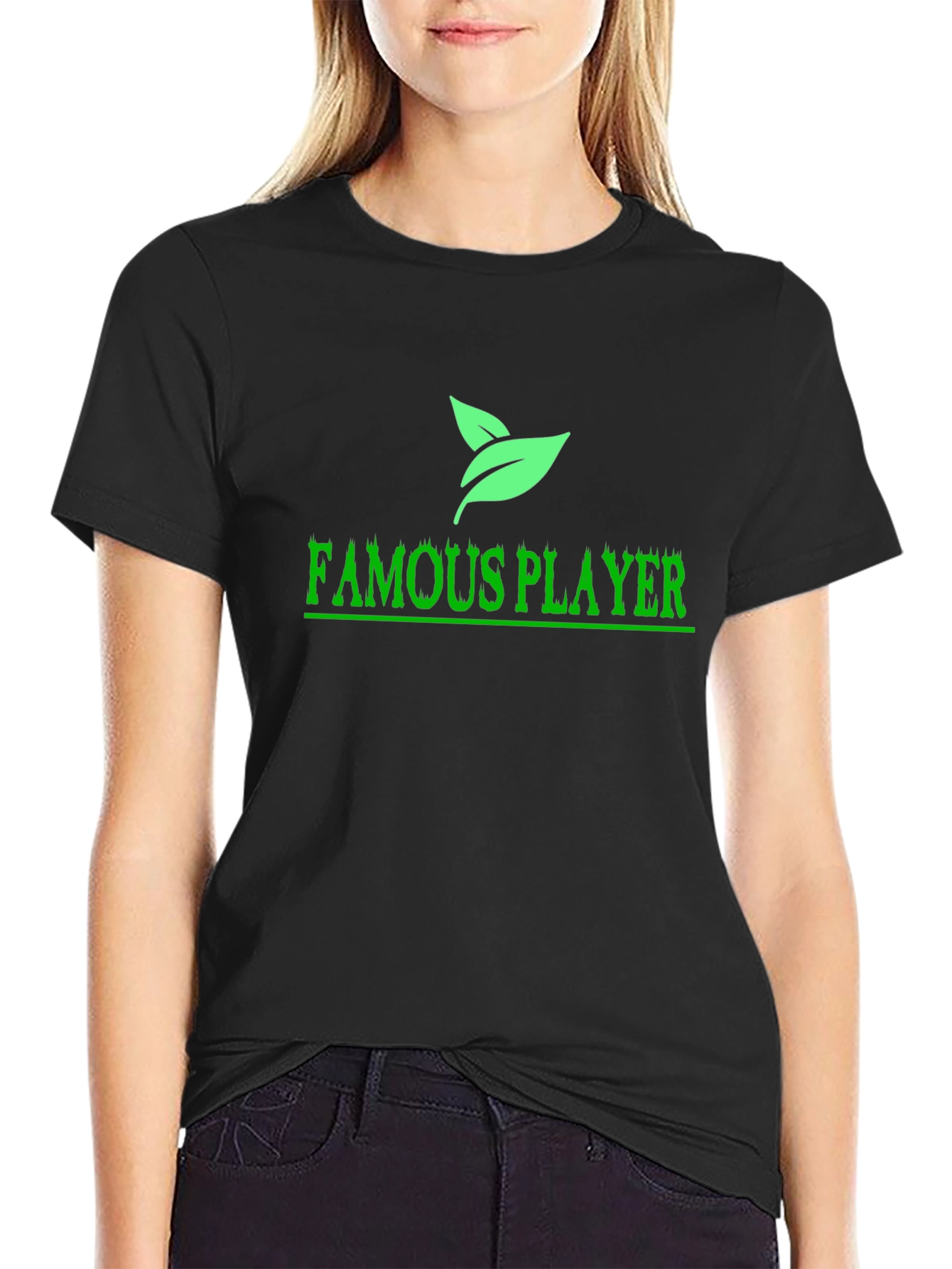 Famous Player Black T-Shirt with Leaf Design