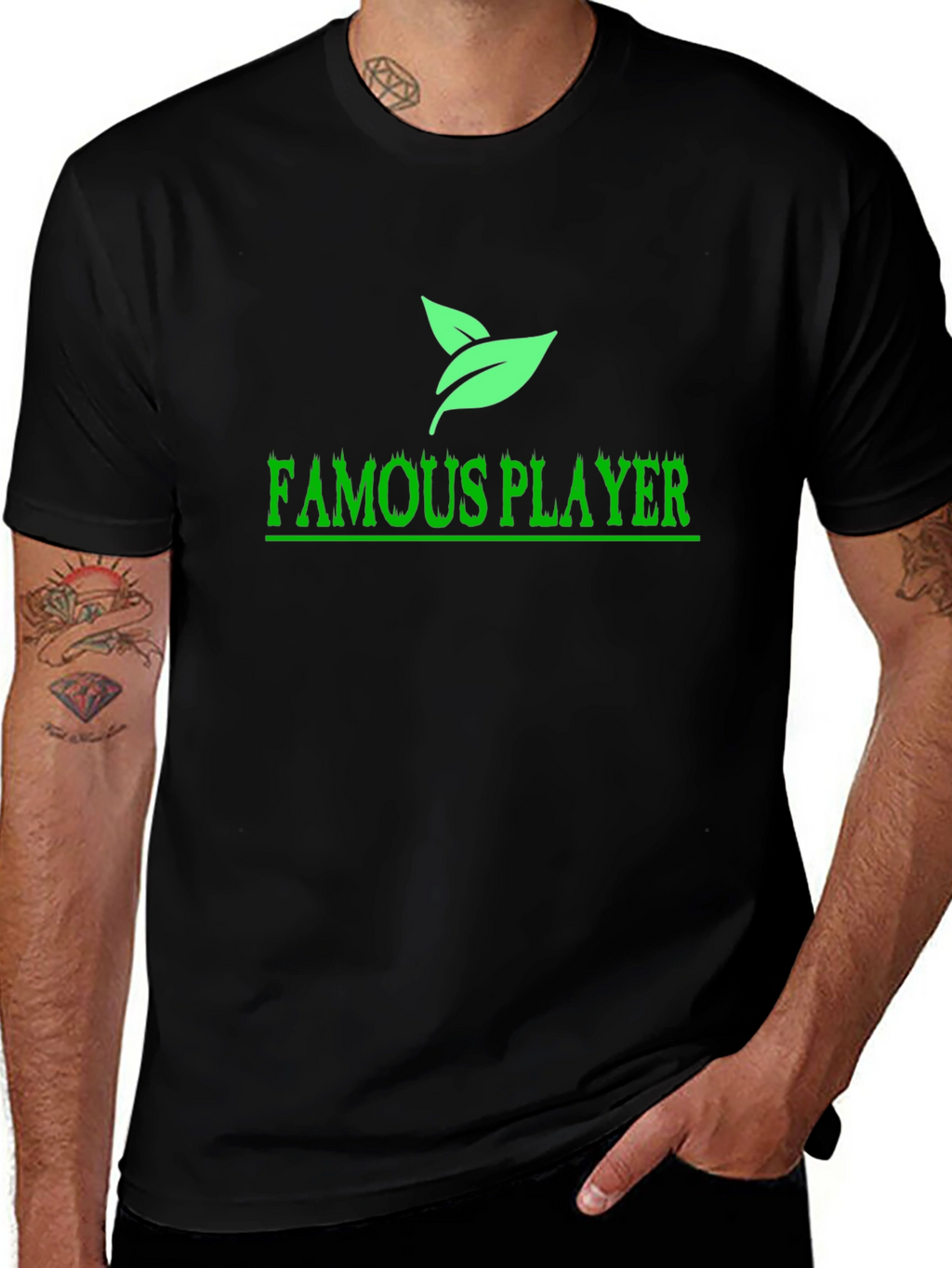 Famous Player Black T-Shirt with Leaf Design