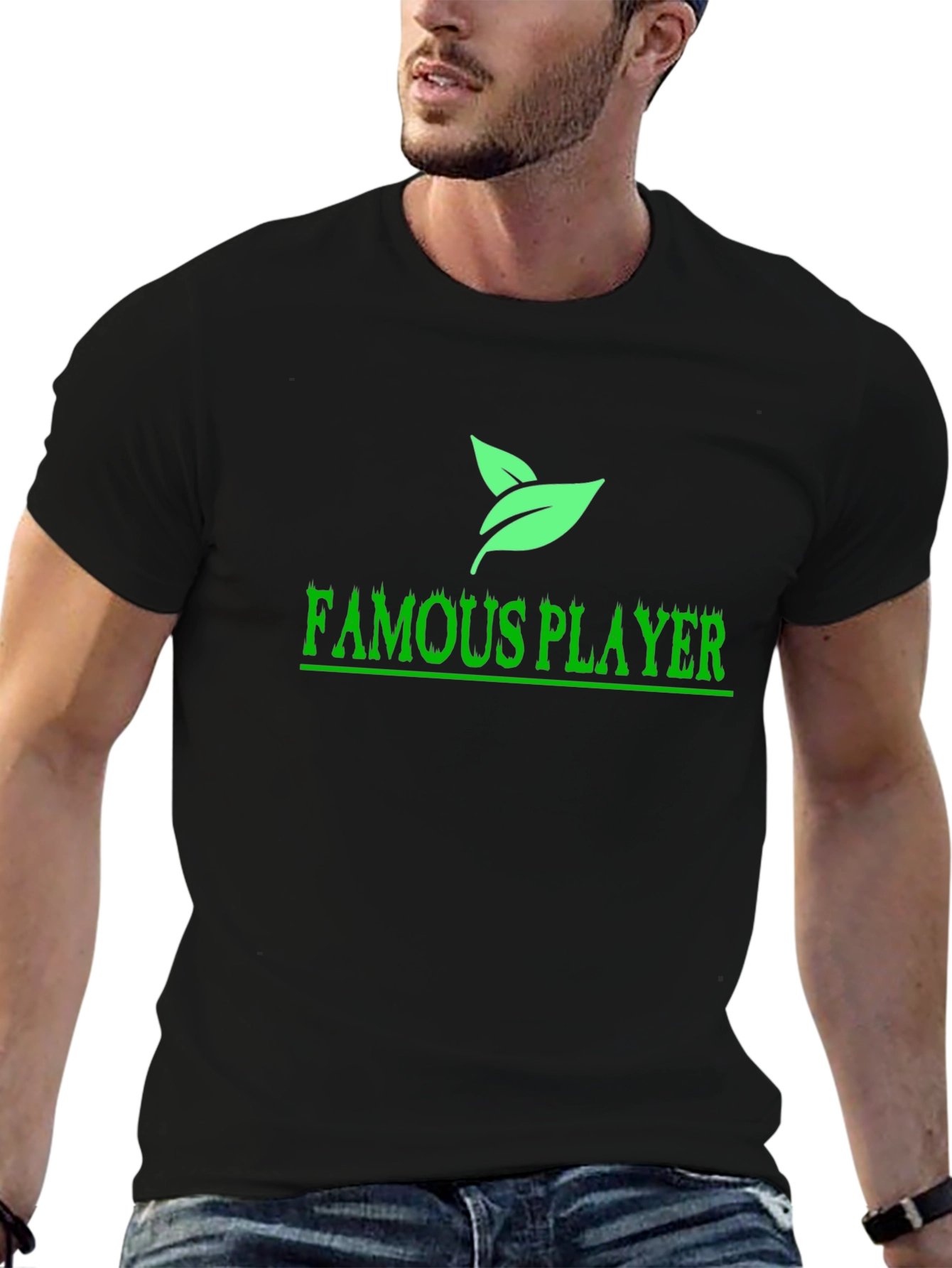 Famous Player Black T-Shirt with Leaf Design