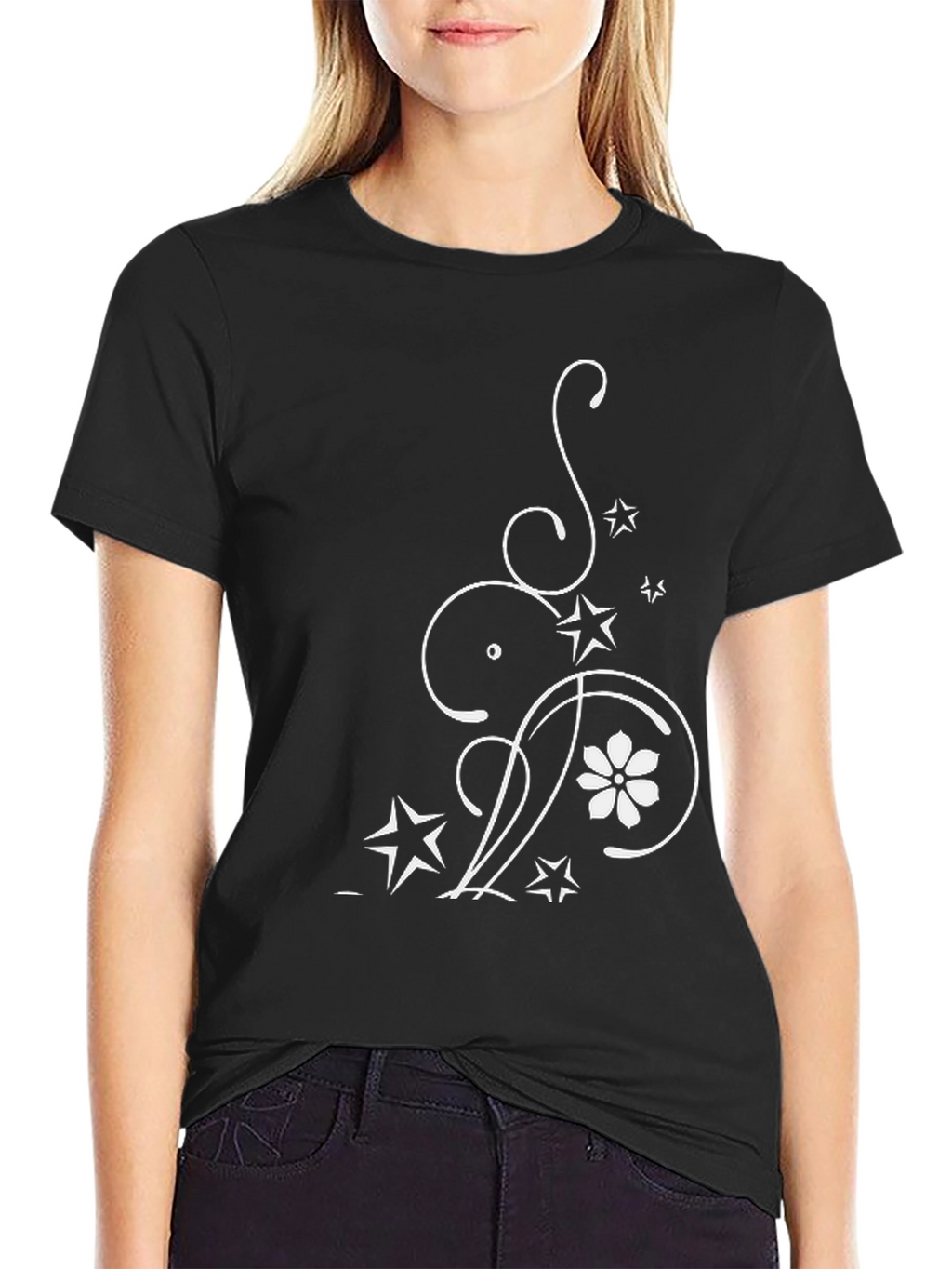 Elegant Floral Star Graphic Black T-Shirt