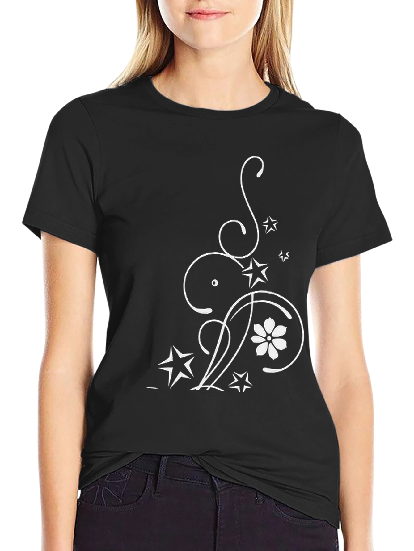 Elegant Floral Star Graphic Black T-Shirt