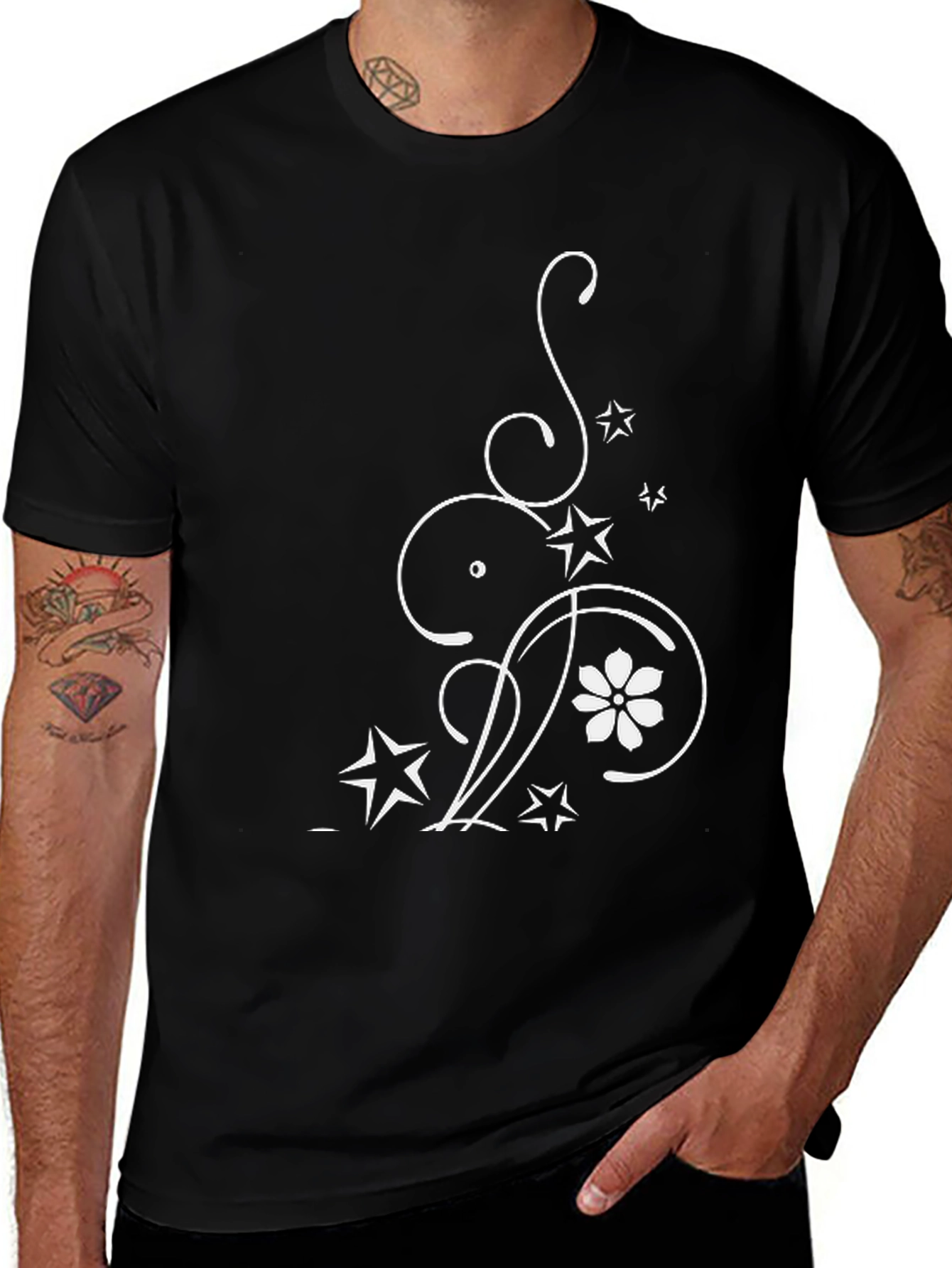 Elegant Floral Star Graphic Black T-Shirt