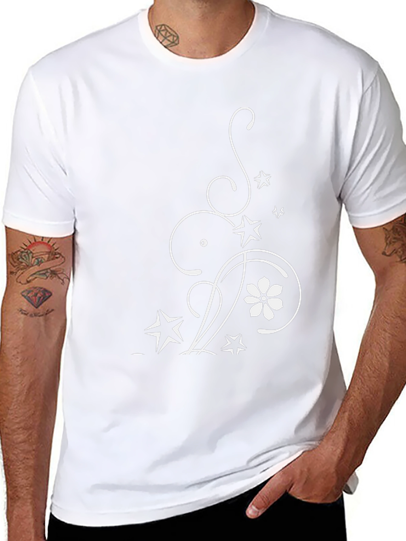 Elegant Floral Star Graphic Black T-Shirt