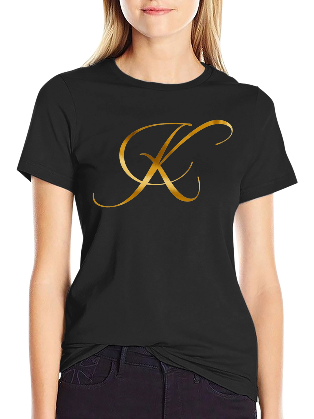 Elegant Gold Letter K Black T-Shirt
