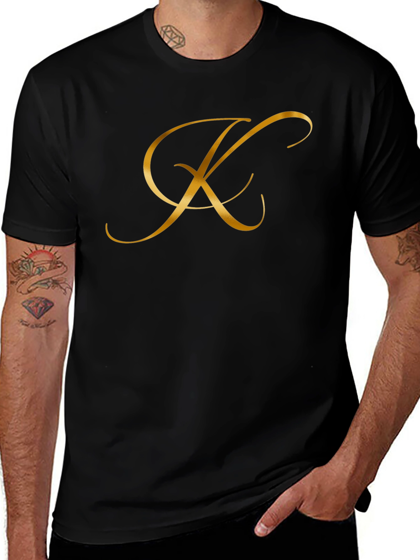 Elegant Gold Letter K Black T-Shirt