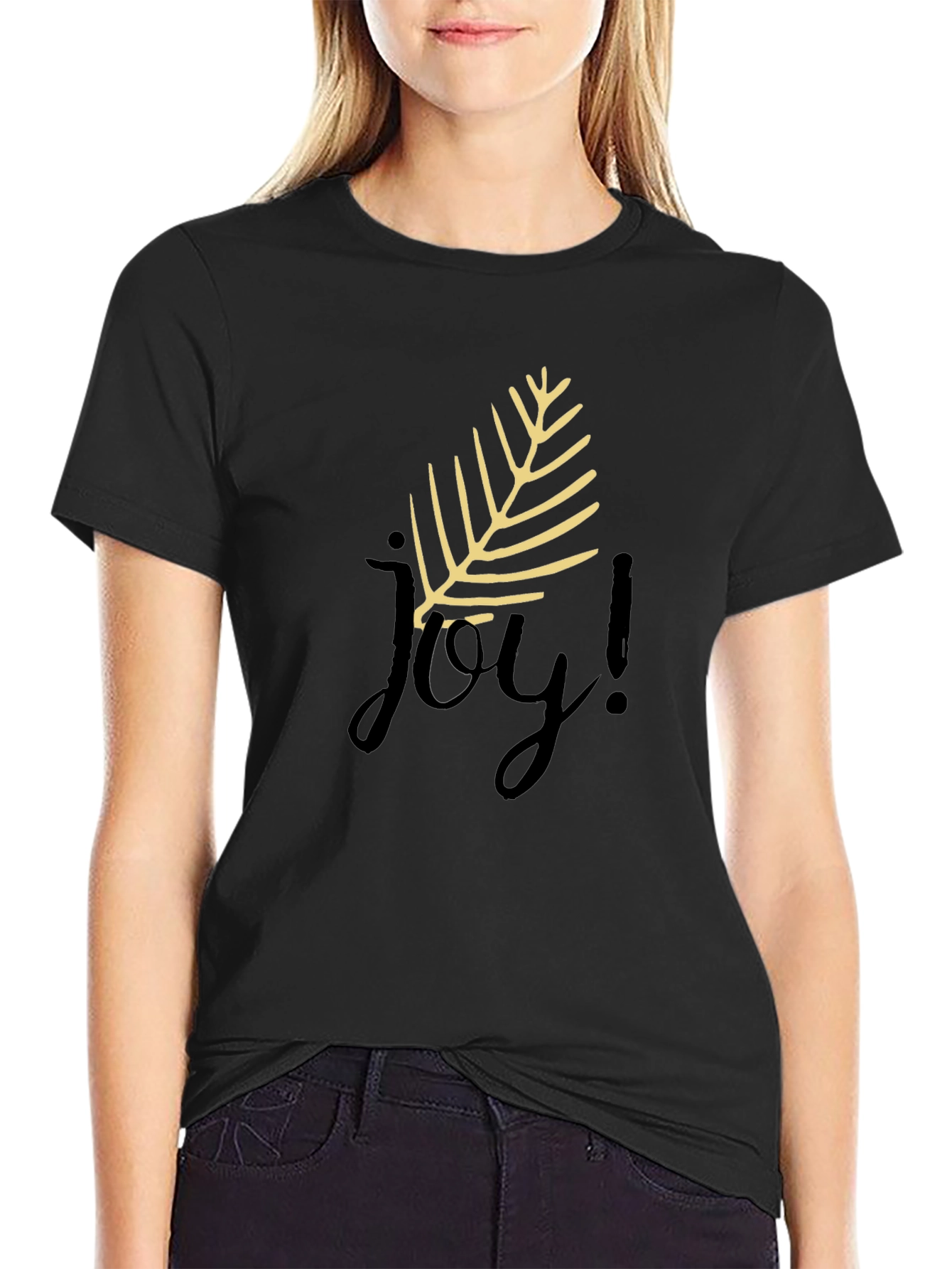 Joyful Black T-Shirt with Leaf Design